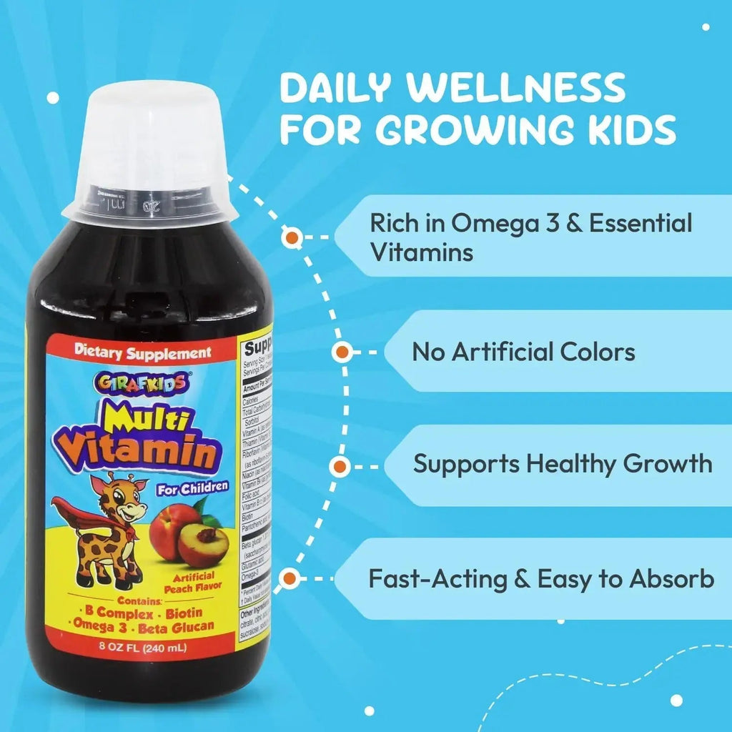GirafKids Liquid Multivitamin for Kids Ages 4+, 8oz - Daily Child Vitamins with Biotin, Vitamin A, B Complex, Folic Acid, Omega-3 & Beta Glucan PHARMADEL Au supplements