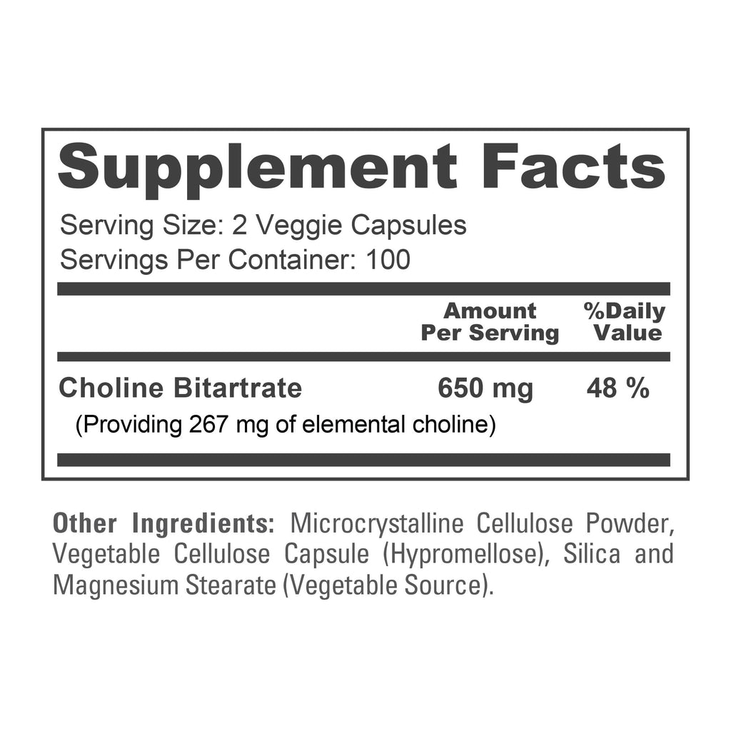 NusaPure Choline Bitartrate - Suitable for Vegetarian/Vegan, Non - GMO - 650 mg 200 Capsules NusaPure Au supplements