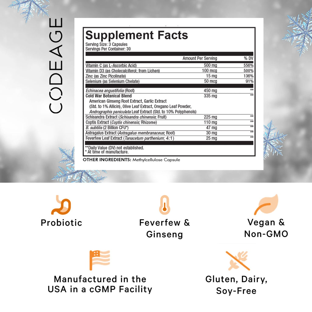 Codeage Clearhead Echinacea+ Supplement - Echinacea, Schisandra, Feverfew, Coptis, American Ginseng, Astragalus, Garlic, Probiotics, Vitamins C & D3, Zinc, Selenium - Clear Head Vitamin - 90 Capsules Codeage Au supplements