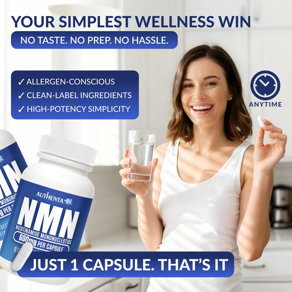 NMN Supplement 600 mg/Capsule Once Daily | 99% Pure Beta Nicotinamide Mononucleotide | Potent NAD⁺ Precursor | Supports Cellular Energy & Metabolism | Vegan, Non-GMO, Third-Party Tested & Gluten-Free AUTHENTA Au supplements