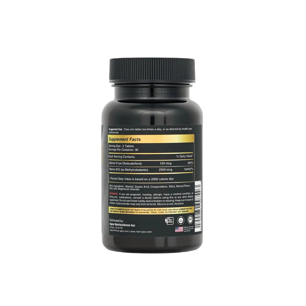 Nutri Apex Vitamin B12 & D3 Sublingual Tablets - 2500 mcg B12 & 125 mcg (5000 IU) D3 - Highly Bioavailable for Energy, Mood & Bone Health - Lab-Tested Nutri Apex Au supplements