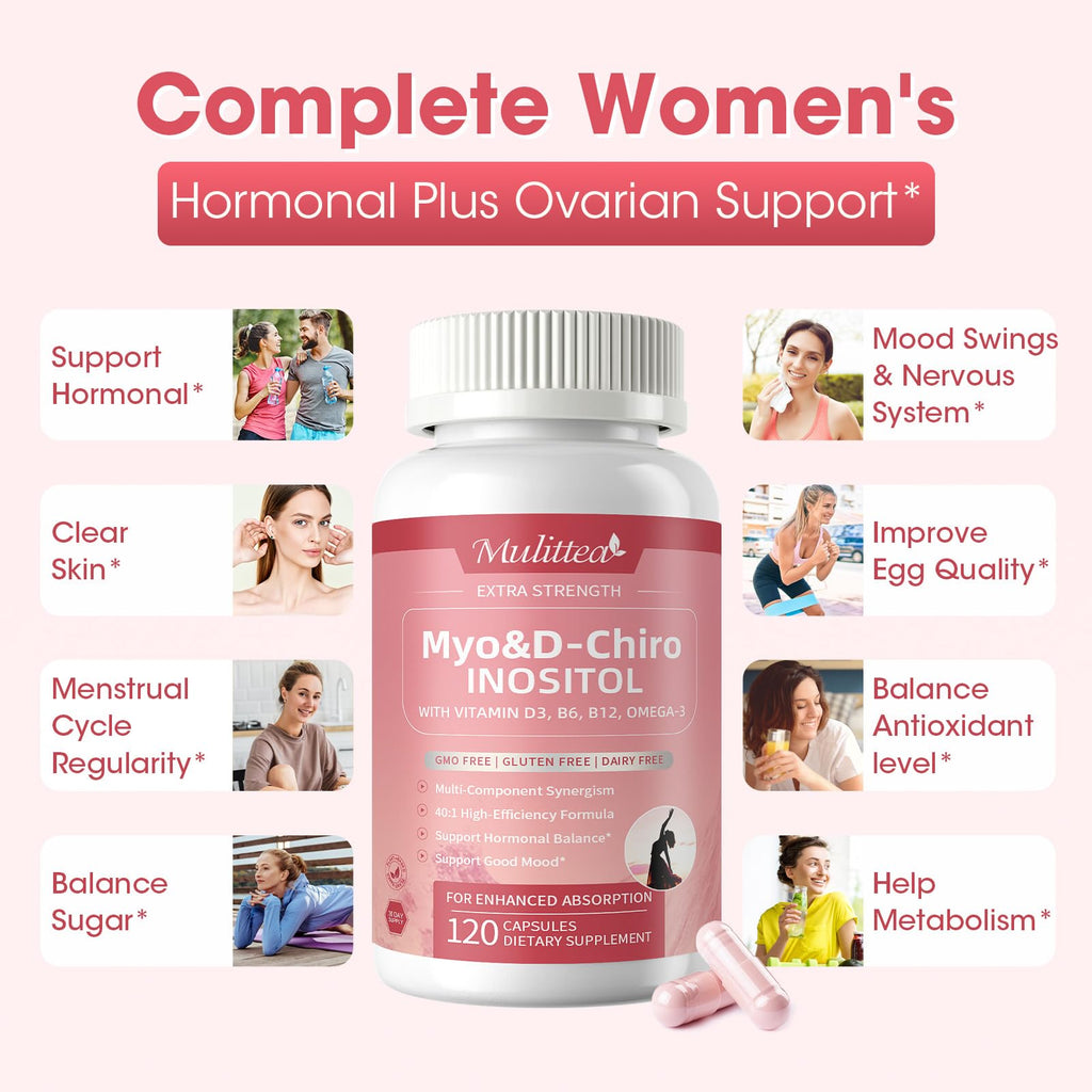 Mulittea Myo-Inositol & D-Chiro Supplement for Women - 14-in-1 Liposomal Inositol with Folic Acid,Omega-3 & Multivitamin for Hormone Balance,Support Ovarian,Skin & Mood- 40:1 Vegan 120 Capsules Mulittea Au supplements