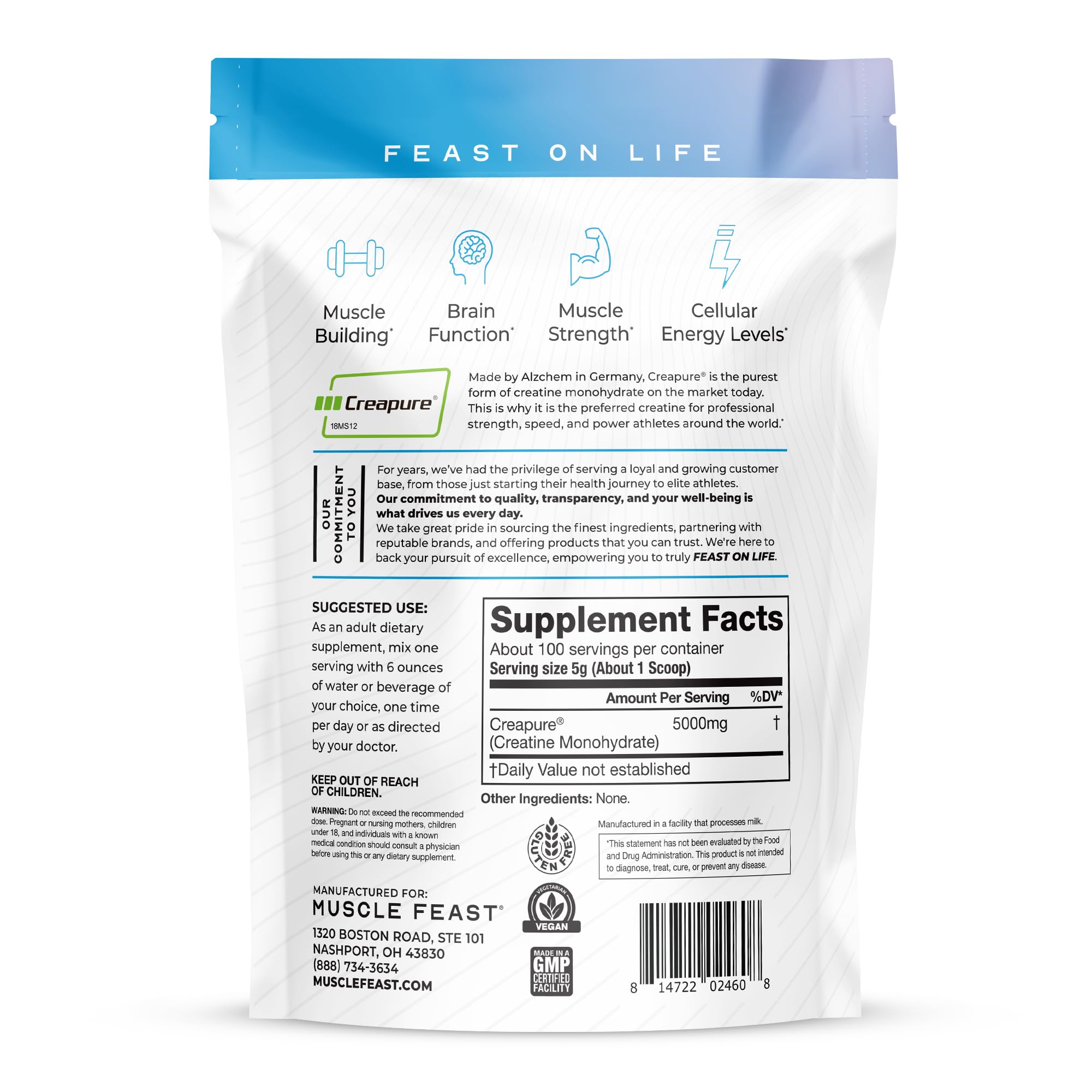 Muscle Feast Creapure Creatine Monohydrate Powder, Vegan Keto Friendly Gluten-Free, Mass Gainer, Muscle Recovery Supplement and Trusted Creatine for Muscle Growth,