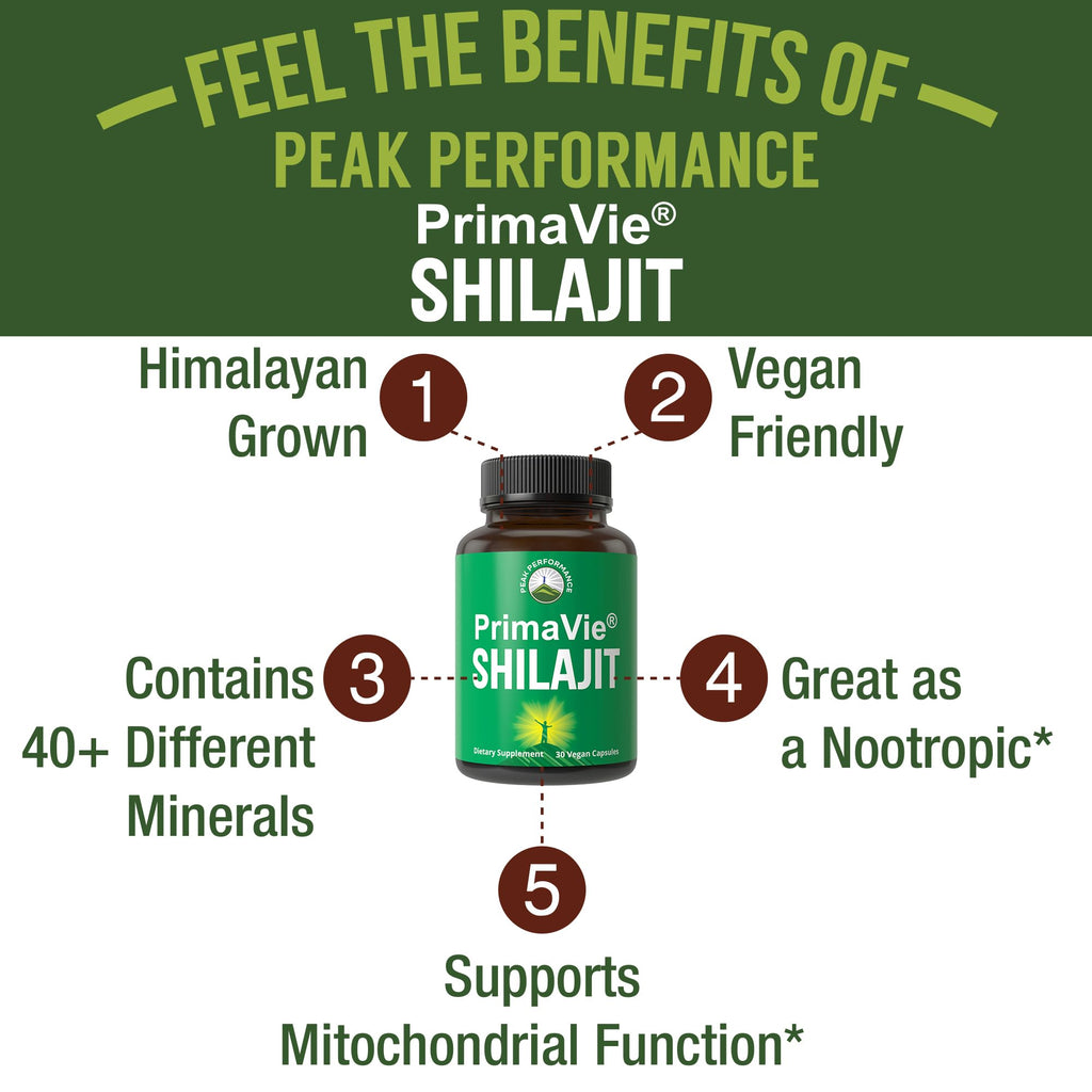PrimaVie Purified Shilajit Capsules Made with Pure Shilajit Powder. Clinically Tested Natural Supplement with 40+ Trace Minerals, Fulvic Acid. Tablets Support Mitochondria + Brain Function Peak Performance Au supplements