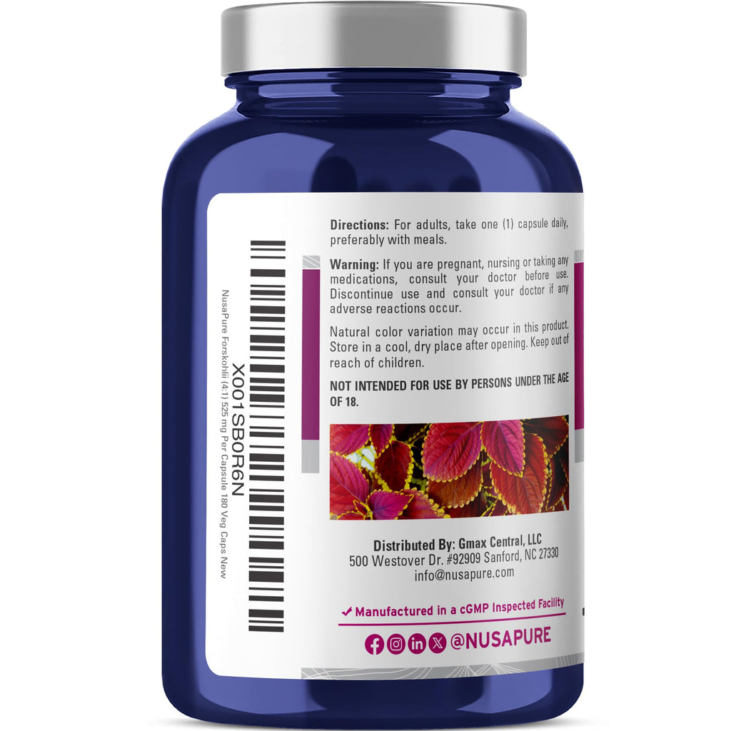 NusaPure Forskohlii 4:1 Extract, 525 mg Equivalent to 21,00 mgper Veggie Caps - 180 Capsules (Non-GMO, Vegan & Gluten Free) NusaPure Au supplements