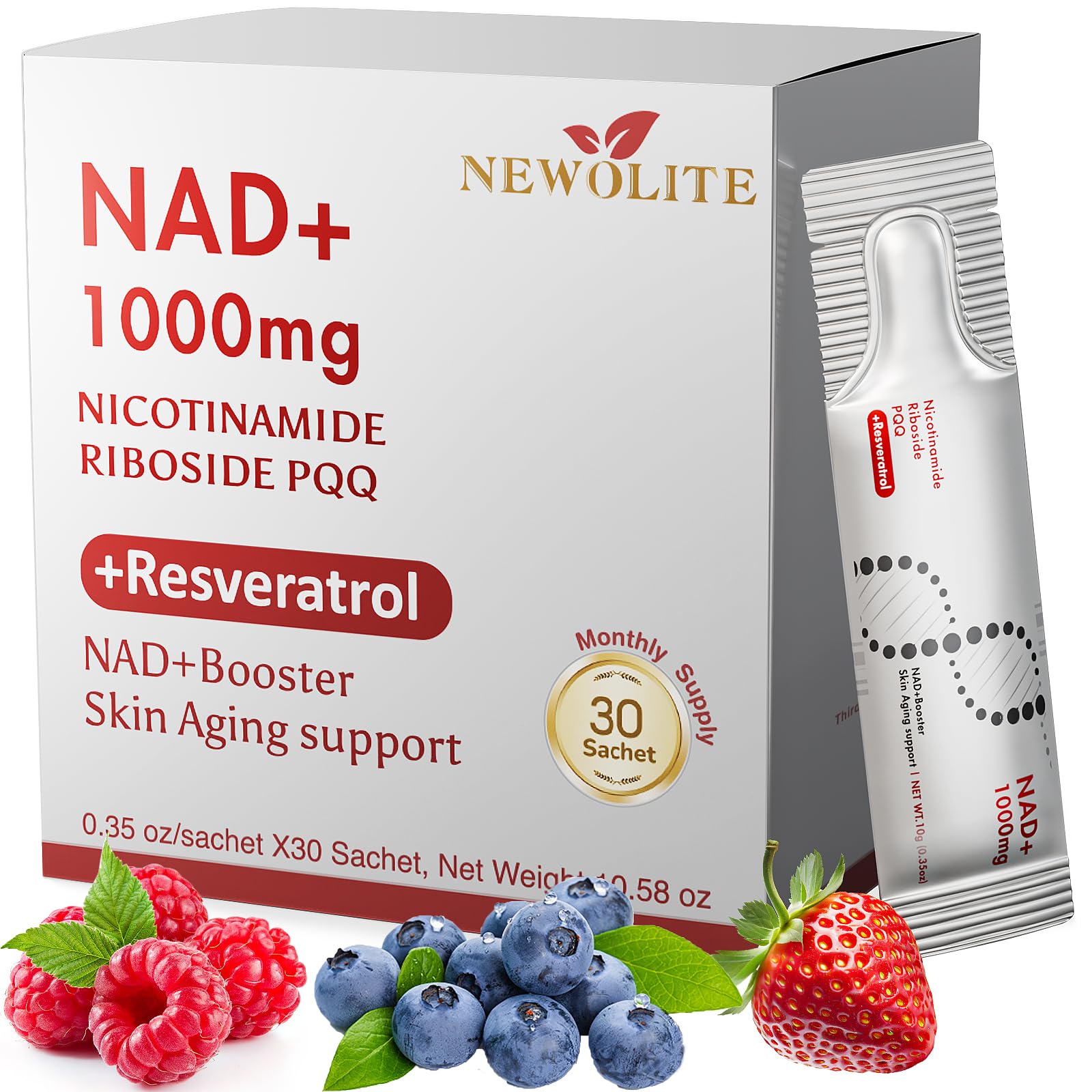 NAD+ Liquid Supplement 1000mg 30 Sachet, Nicotinamide Riboside & Resveratrol with PQQ DNA Repair Advanced NAD Supplement for Men & Women,Boosts Cellular Energy NEWOLITE Au supplements