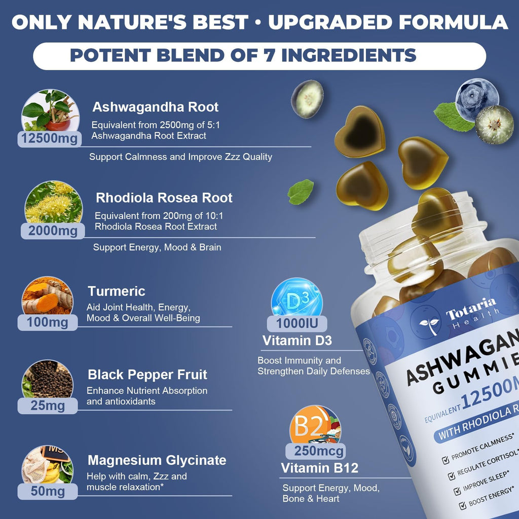 (2 Packs) Sugar Free Ashwagandha Filled Gummies w/Vitamin D3, Magnesium Glycinate, Rhodiola, Ultra Strength Ashwa Root Supplements for Women & Wen, for Relaxation, Energy, Cortisol Gummies Totaria Au supplements