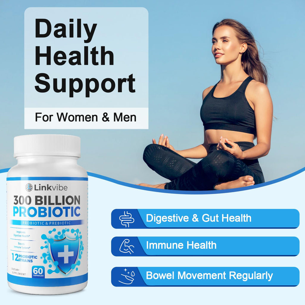 Probiotic 300 Billion CFU - 12 Strains with Organic Prebiotics for Digestive & Gut, Immune, Bloating Health - Probiotics for Women and Men - Daily Dairy Free, Shelf Stable - 60 Counts Linkvibe Au supplements