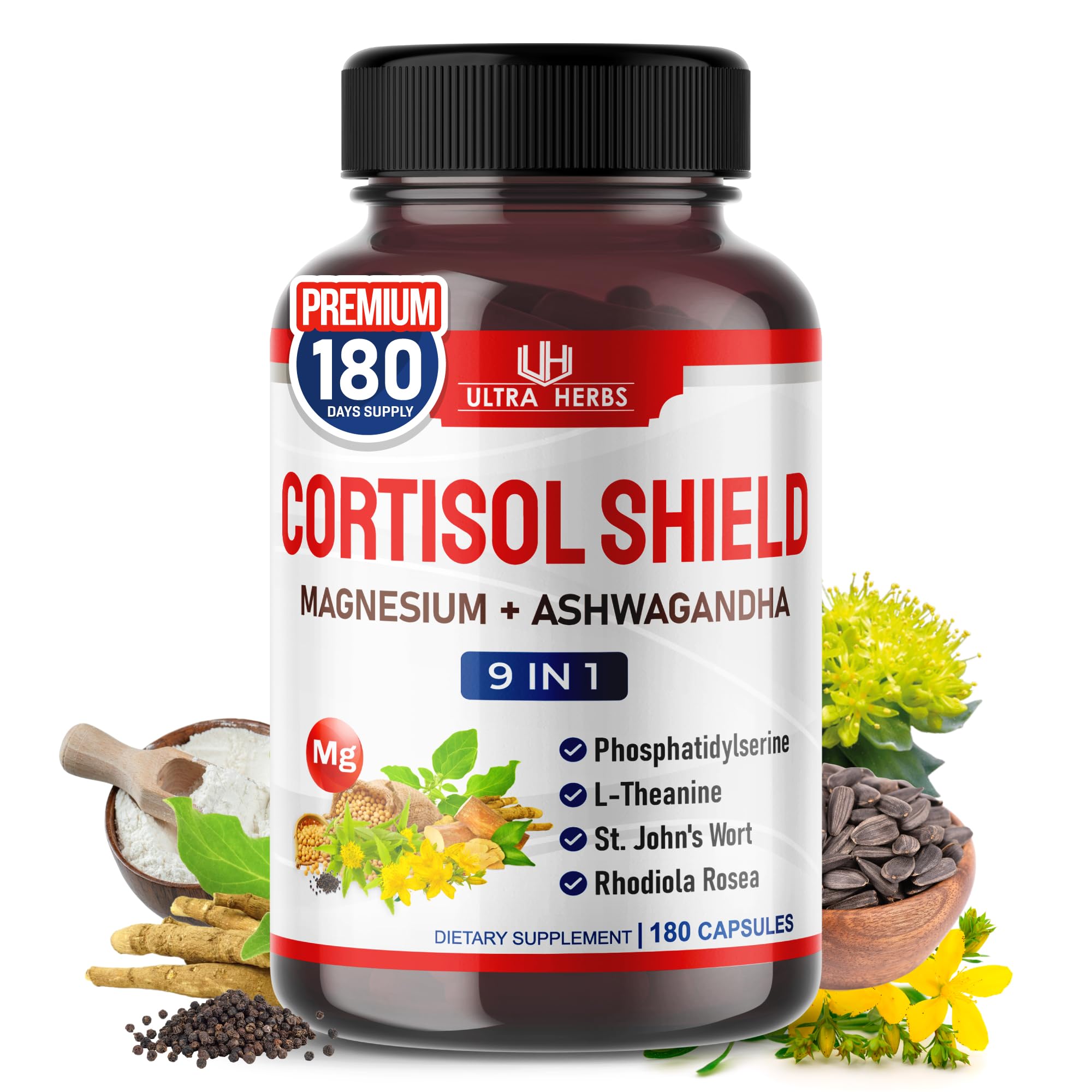 CORTISOL Shield 9-in-1 -Magnesium + Ashwagandha with Phosphatidylserine, L-Theanine, St. John's Wort, Rhodiola Rosea - Relaxation Support, Hormone Balance (180 Count (Pack of 1)) ULTRA HERBS Au supplements