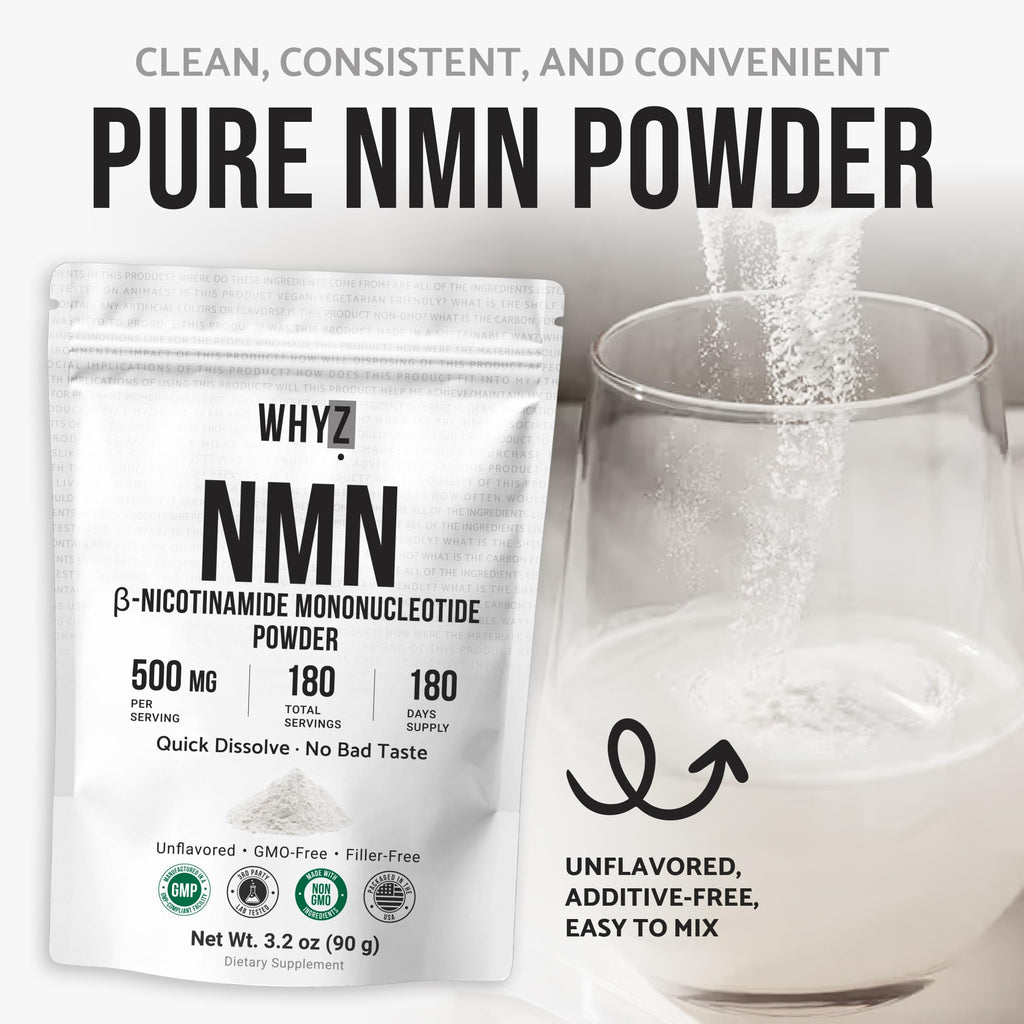 Pure NMN Powder Nicotinamide Mononucleotide Quick Dissolved NMN Supplement Powder 100% Unflavored NMN Supplement Supports NAD+ Levels Vegan Friendly Non-GMO, 180 Servings, 3.2 oz (90g) WHYZ Au supplements