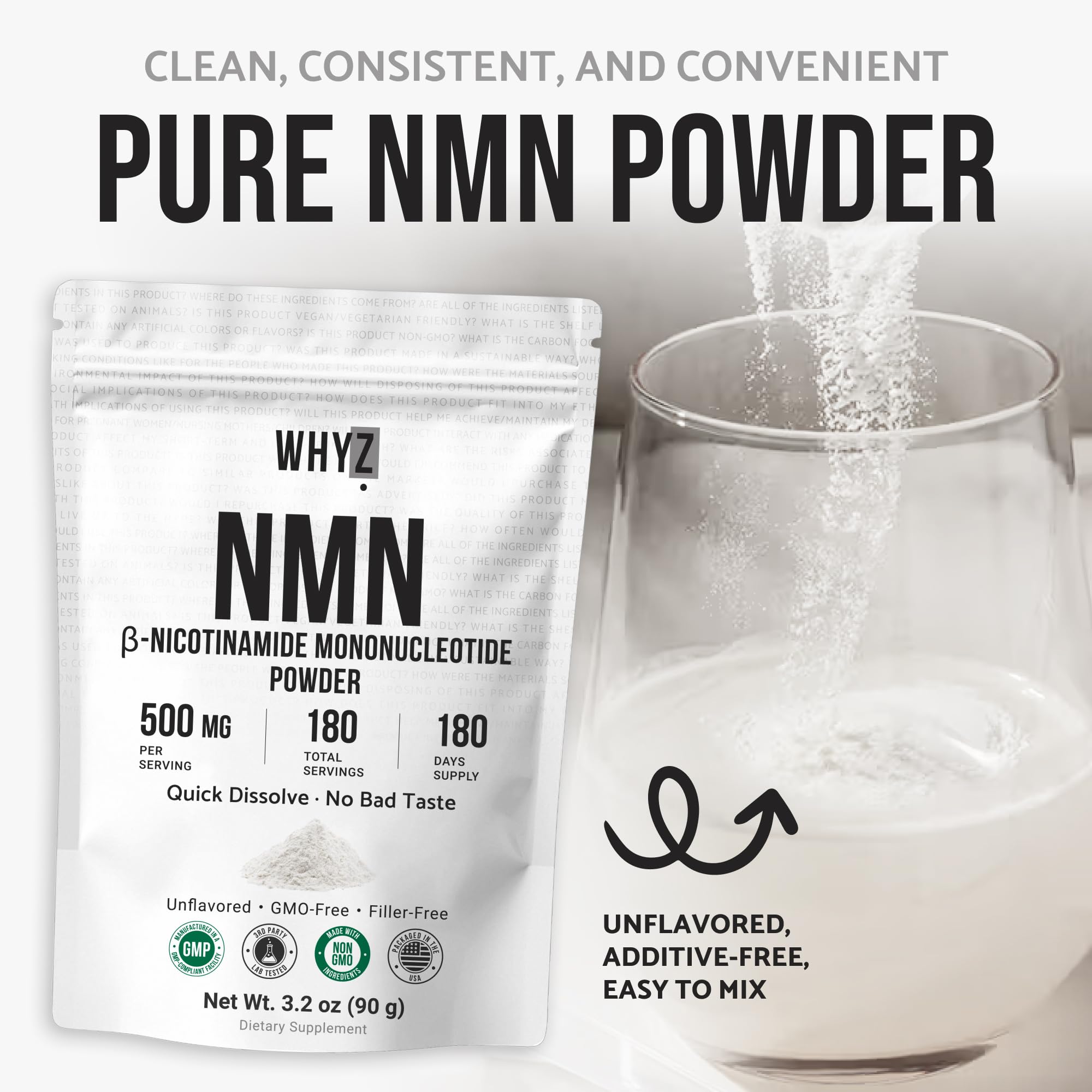 Pure NMN Powder Nicotinamide Mononucleotide Quick Dissolved NMN Supplement Powder 100% Unflavored NMN Supplement Supports NAD+ Levels Vegan Friendly Non-GMO, 180 Servings, 3.2 oz (90g) WHYZ Au supplements