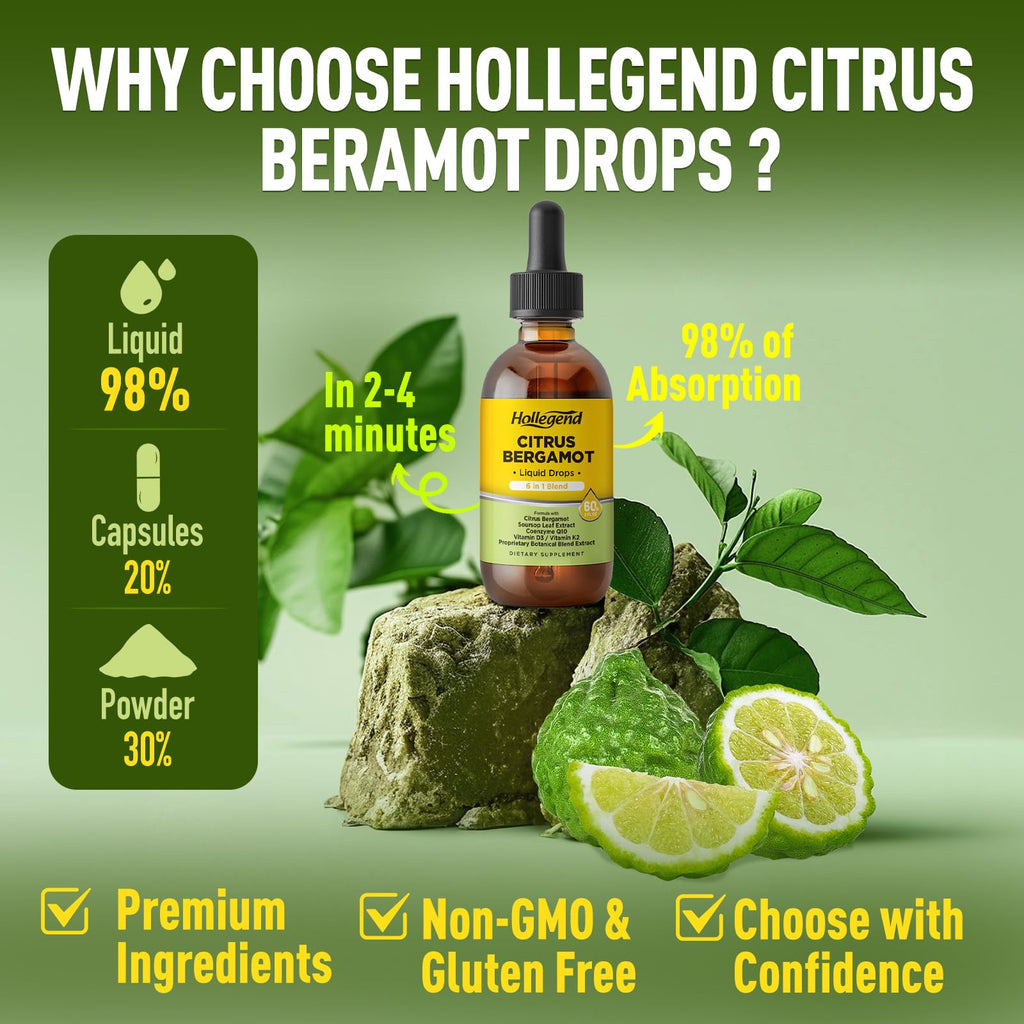 HOLLEGEND Citrus Bergamot Liquid Drops, Organic Citrus Bergamot 1000mg Supplement, Plus Soursop, CoQ10, Vitamin D3, K2,