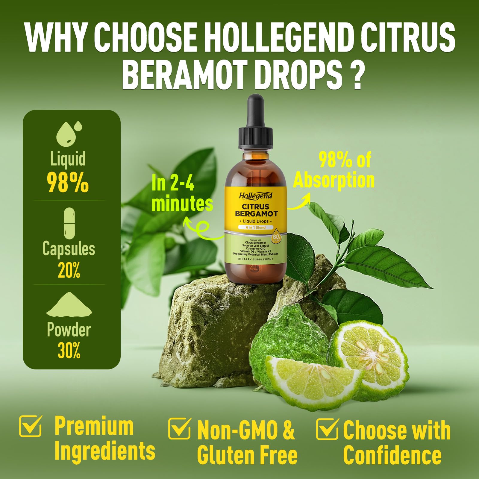 HOLLEGEND Citrus Bergamot Liquid Drops, Organic Citrus Bergamot 1000mg Supplement, Plus Soursop, CoQ10, Vitamin D3, K2,