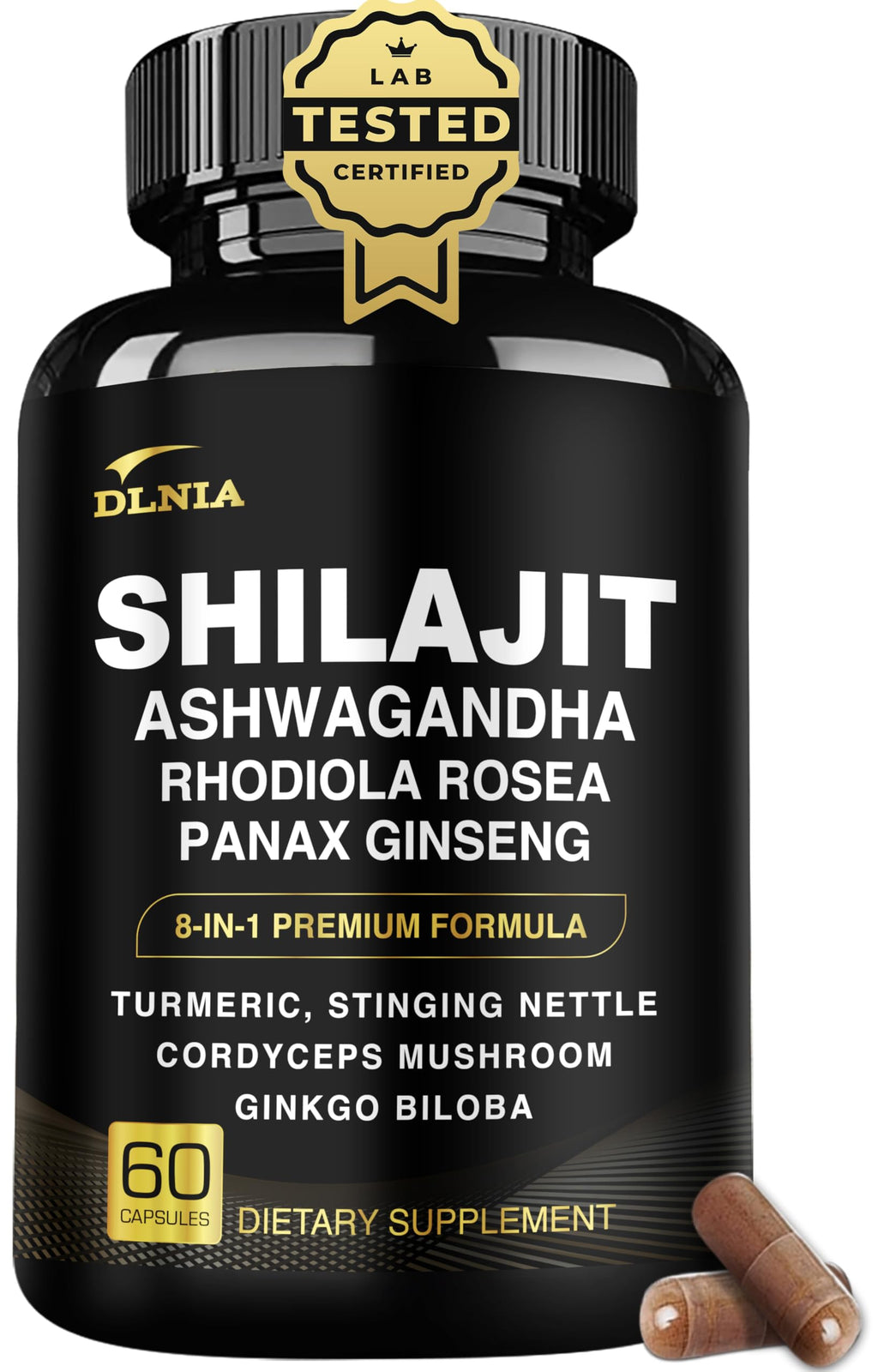 DLNIA 8-in-1 Shilajit for Men & Women with Ashwaganda Himalayan Organic Supplement with Rhodiola Rosea, Ginseng, Turmeric, Mushroom, for Immune Support, Energy, Calm, Focus, Clarity, Sleep, Cortisol DLNIA Au supplements