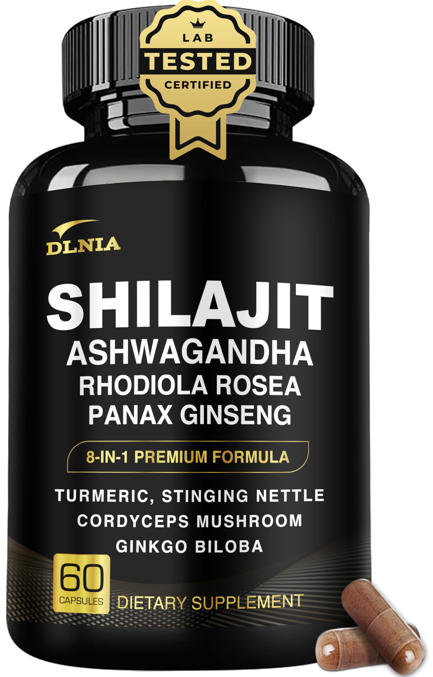 DLNIA 8-in-1 Shilajit for Men & Women with Ashwaganda Himalayan Organic Supplement with Rhodiola Rosea, Ginseng, Turmeric, Mushroom, for Immune Support, Energy, Calm, Focus, Clarity, Sleep, Cortisol DLNIA Au supplements