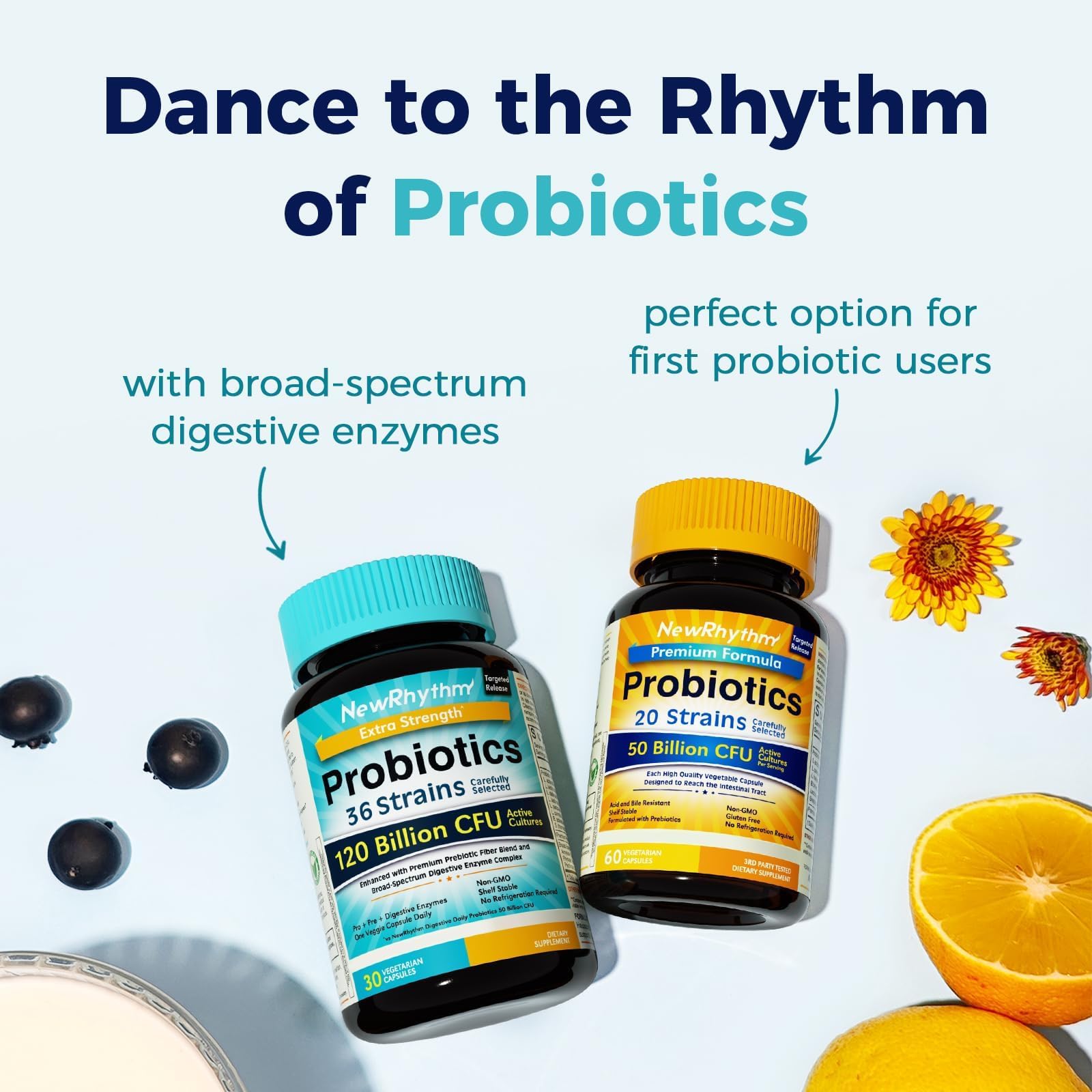 NewRhythm Probiotics 120 Billion CFU 36 Strains, 3-in-1 Probiotics with Prebiotics & Enzymes, Probioticos for Women & Men,