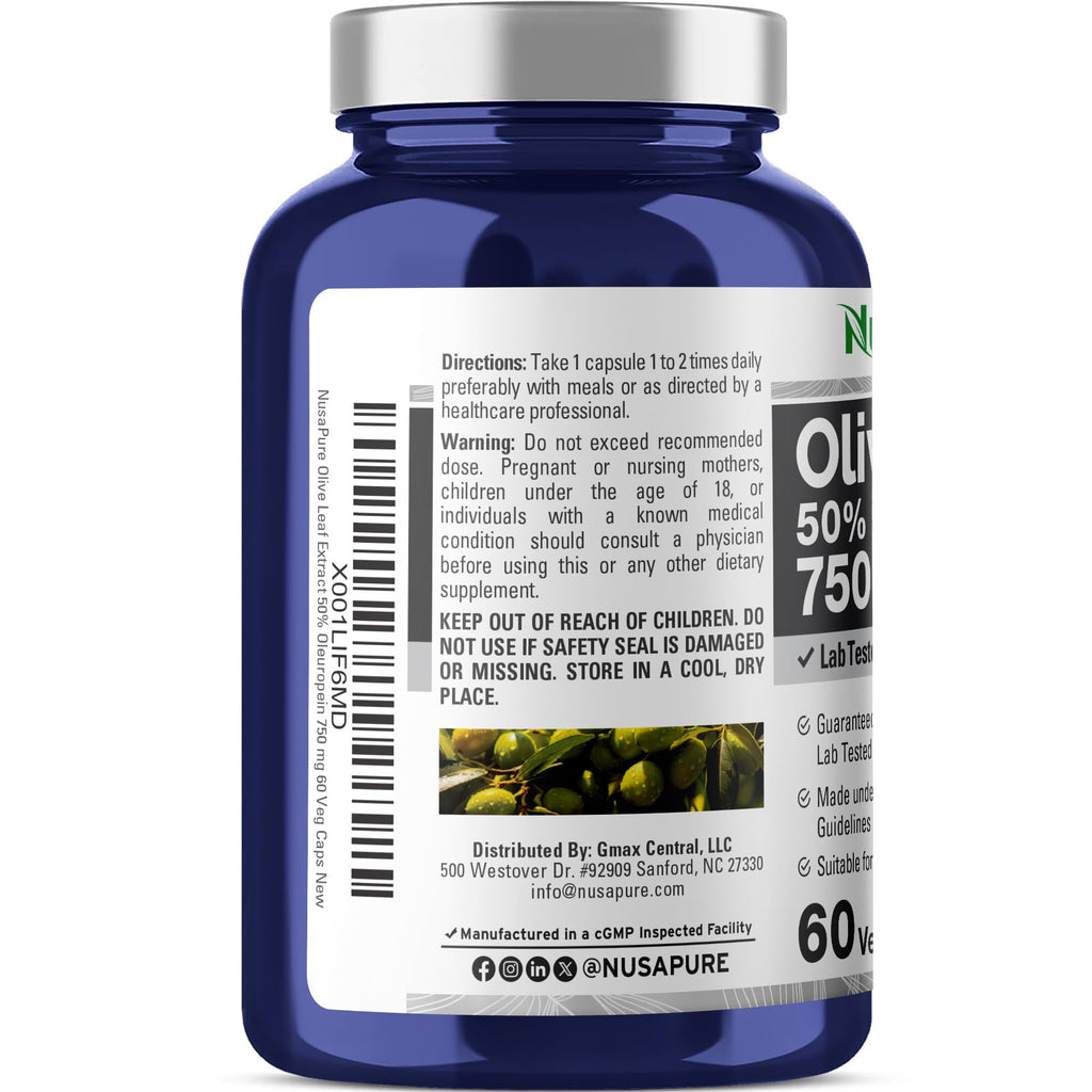 NusaPure Olive Leaf Extract 750 mg - 50% Oleuropein - Vegan and Vegetarian Non-GMO - Super Strength - No Oil - 60 Capsules NusaPure Au supplements