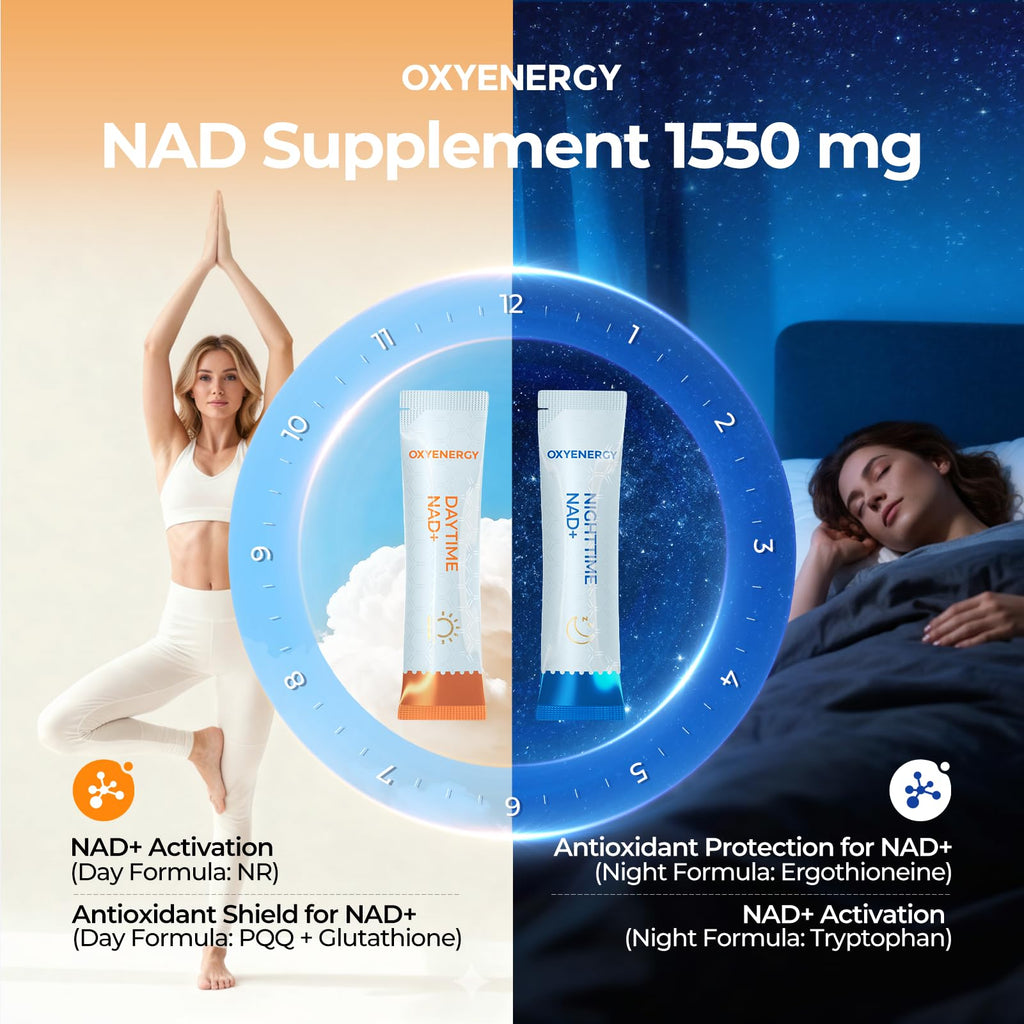 OxyEnergy NAD Supplement 1550 mg-Daytime Nicotinamide Riboside + Nighttime L-Tryptophan with Resveratrol, Glutathione, PQQ, 24-Hour Nonstop Energy, Anti-Aging & Cellular Renewal, 28 Packets OxyEnergy Au supplements