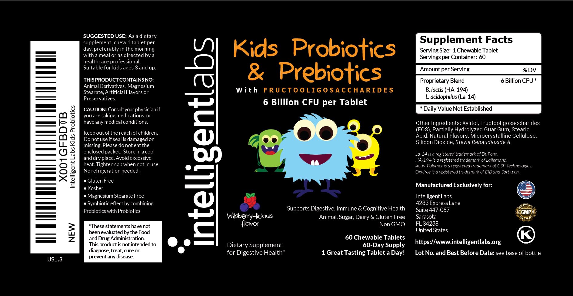 Intelligent Labs Kids/Children Probiotics 6 Billion CFU with Prebiotics, PHGG & FOS, Once-Daily Chewable, Great Taste, 10x Effectiveness