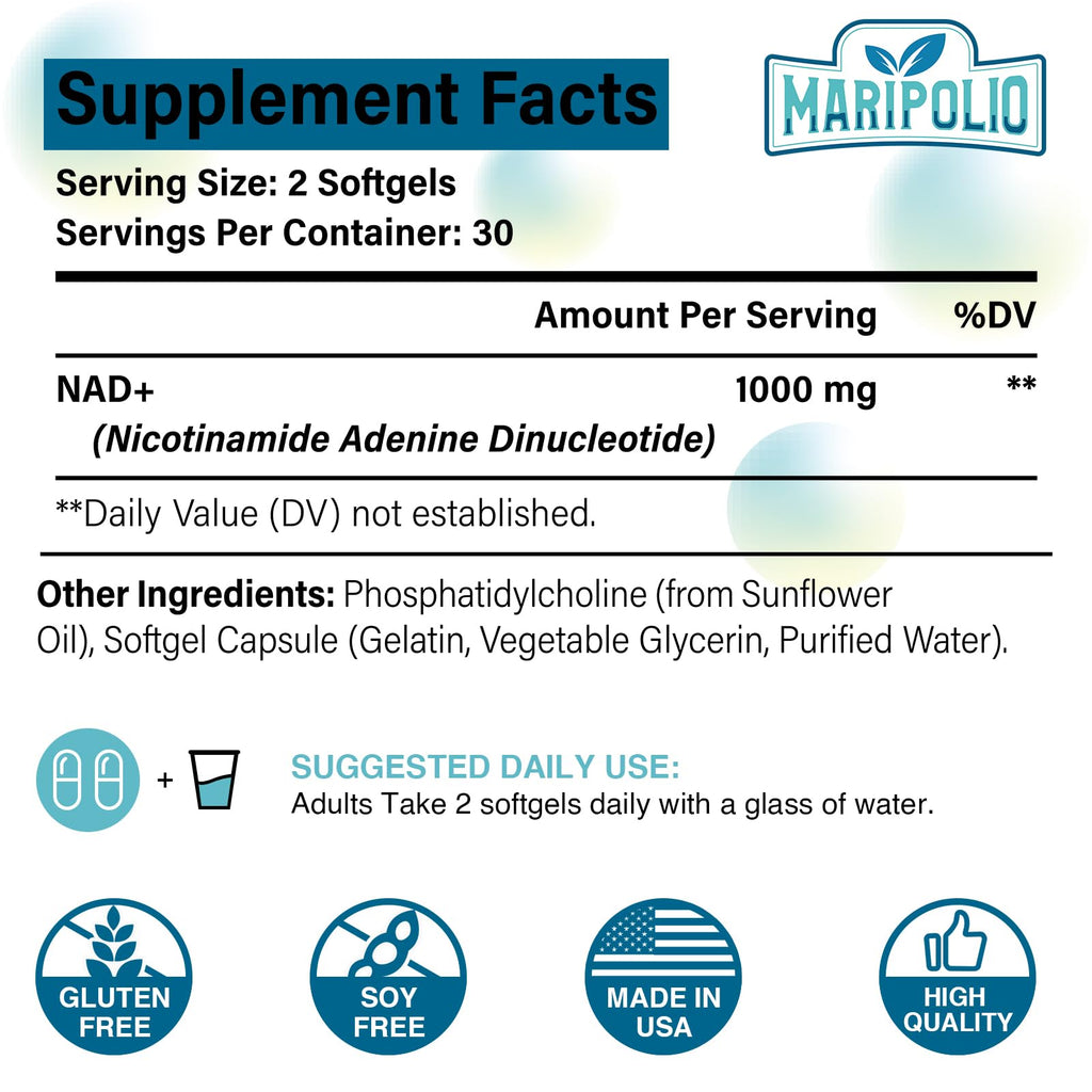 Maripolio Liposomal NAD+ 1000 mg Supplement | High Bioavailability Liposomal Delivery | Cellular Energy & Wellness Support | Pure NAD+ Dietary Supplement for Men,Women, 60 Softgels Maripolio Au supplements