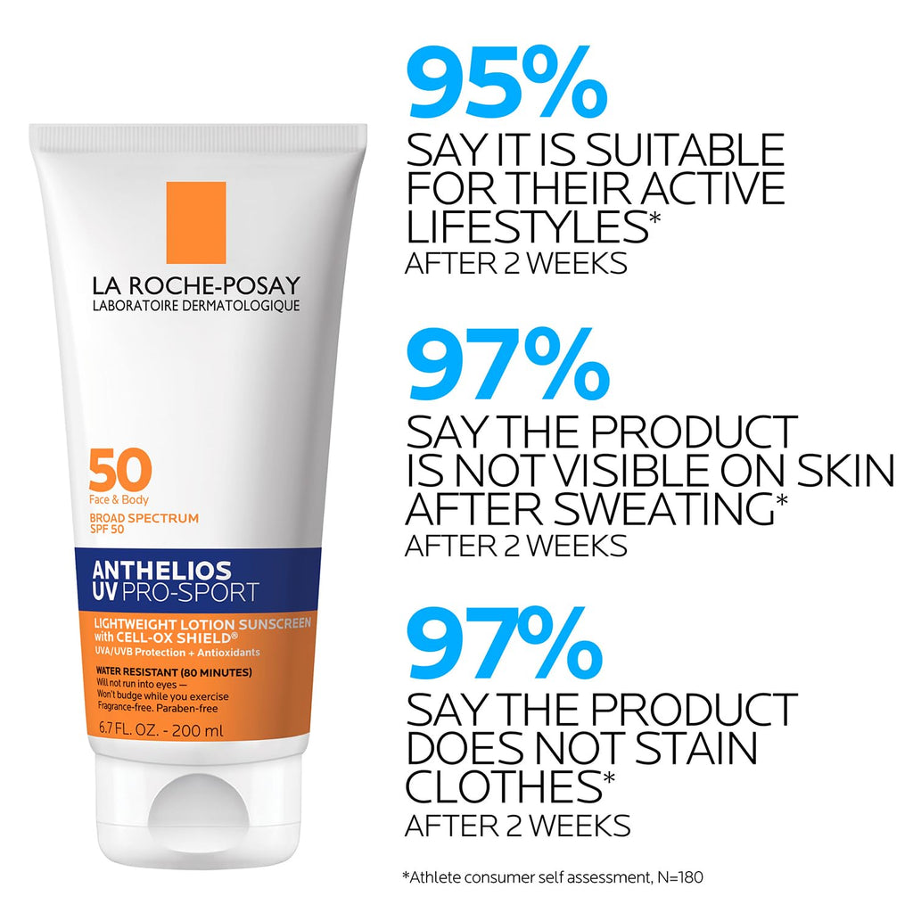 La Roche-Posay Anthelios UV Pro-Sport SPF 50 Sunscreen for Face & Body, Water & Sweat Resistant with Non-Drip Formula, Invisible Broad Spectrum Sunscreen Lotion