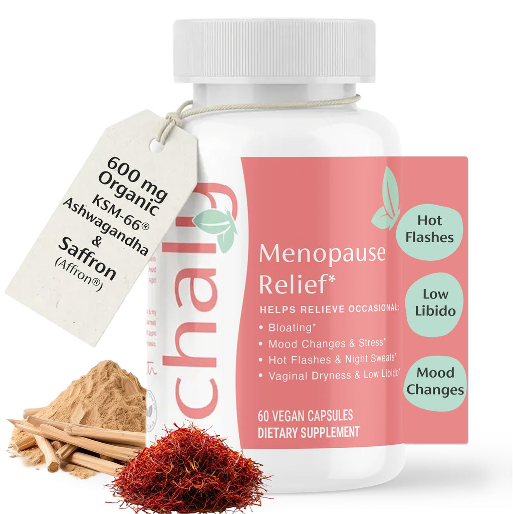 Chaly Menopause Supplements for Women with Ashwagandha KSM 66 and Saffron | Hot Flash, Bloating, Libido, Vaginal Dryness, Stress, and Mood Support Supplement | Menopause Relief Supplements | 60 Count Chaly Au supplements