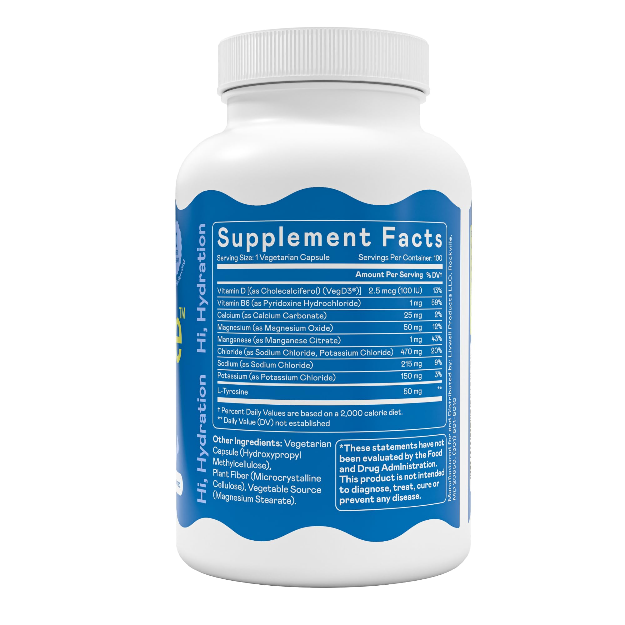 Hi-Lyte Unflavored Electrolyte Capsules - Hydration Support Supplement Tablets - Sodium, Potassium, Magnesium - 100 Servings