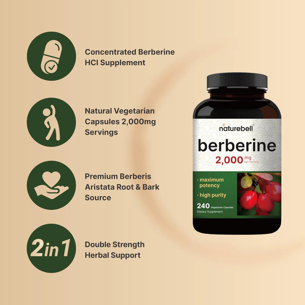 Berberine Supplement 500mg Per Capsule (2,000mg Per Serving) | 240 Veggie Capsules, 97% Pure Berberine HCL – Plant Based, Vegan, Non-GMO NatureBell Au supplements