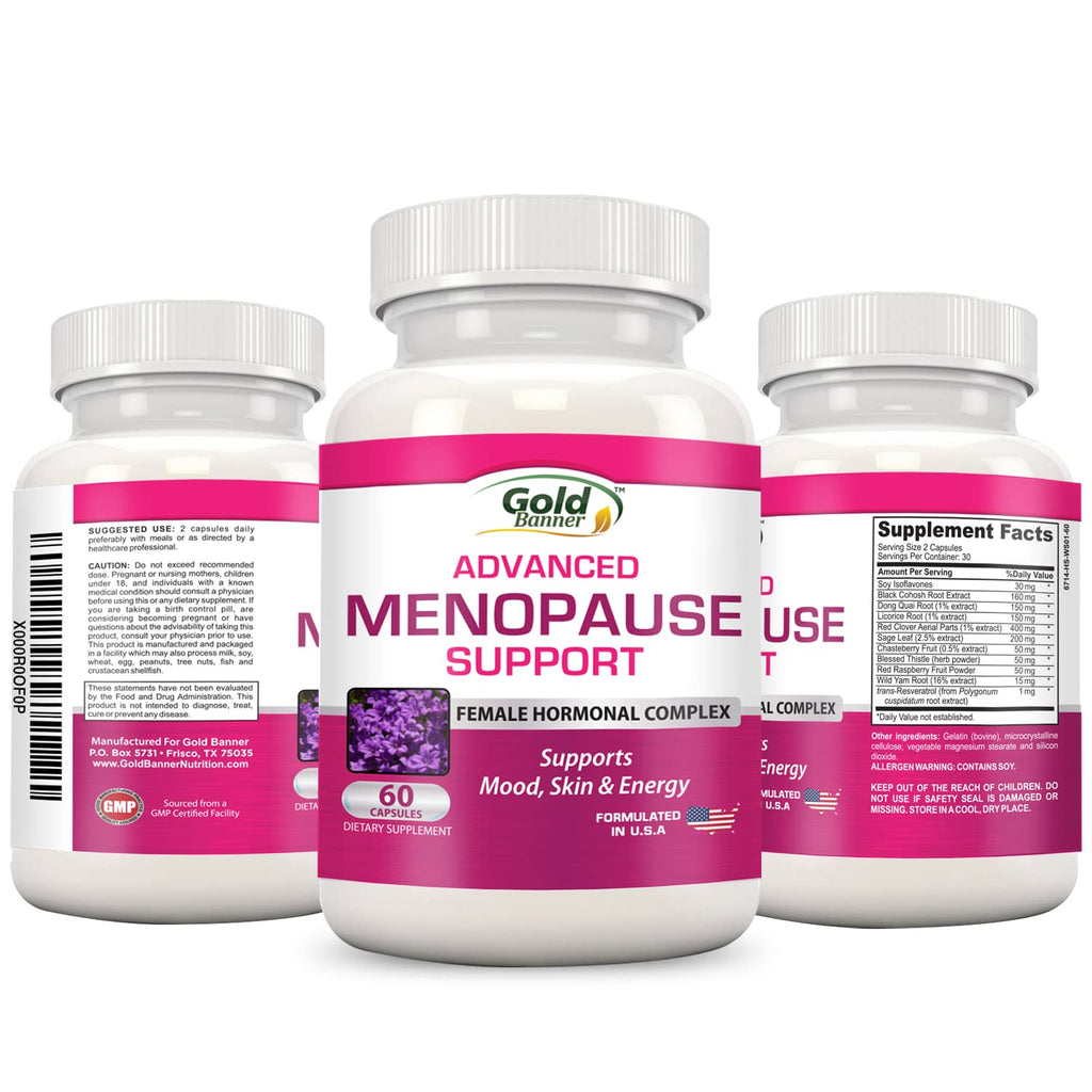 Advanced Menopause Support - Natural Female Hormonal Complex for Hot Flashes, Mood Swings & Vaginal Dryness - Black Cohosh, Soy Isoflavones & Herbal Extract Formula - Does Not Include Hormones Gold Banner Au supplements