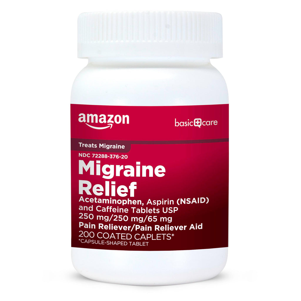 Amazon Basic Care Migraine Relief Acetaminophen, Aspirin (NSAID) and Caffeine Tablets, Pain Reliever/Pain Reliever Aid, 200 Count Amazon Basic Care Au supplements
