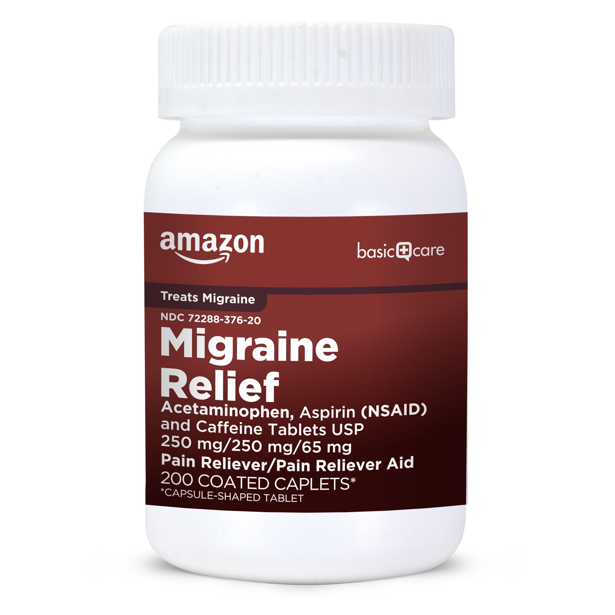 Amazon Basic Care Migraine Relief Acetaminophen, Aspirin (NSAID) and Caffeine Tablets, Pain Reliever/Pain Reliever Aid, 200 Count Amazon Basic Care Au supplements