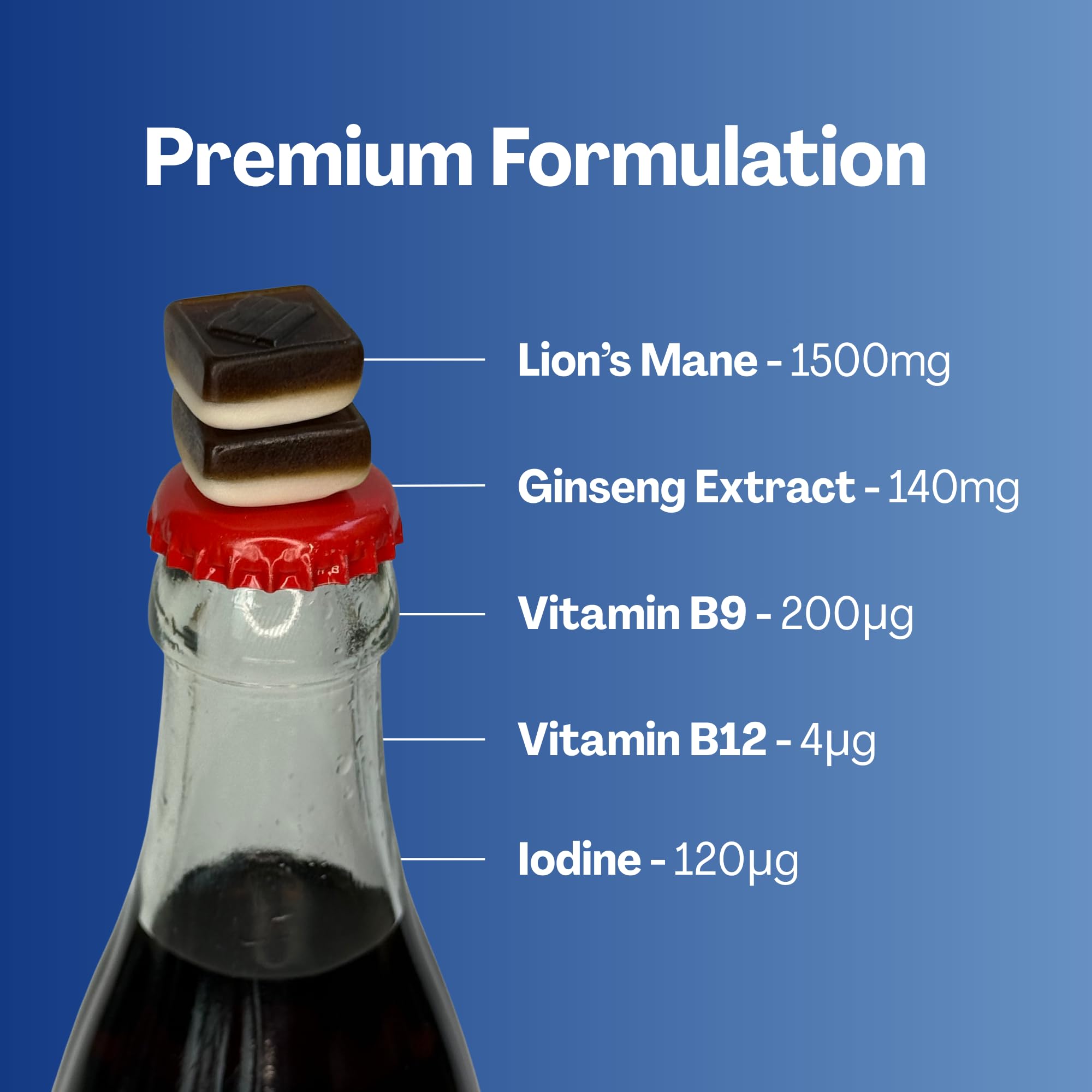 URVI 1500mg Lion's Mane Gummies with Ginseng, Folate 5-MTHF, B12 & Iodine – Focus Nootropic Brain Supplement Boosts Memory, Focus & Energy – Sugar-Free – Cola Flavor – 60 Count URVI Au supplements