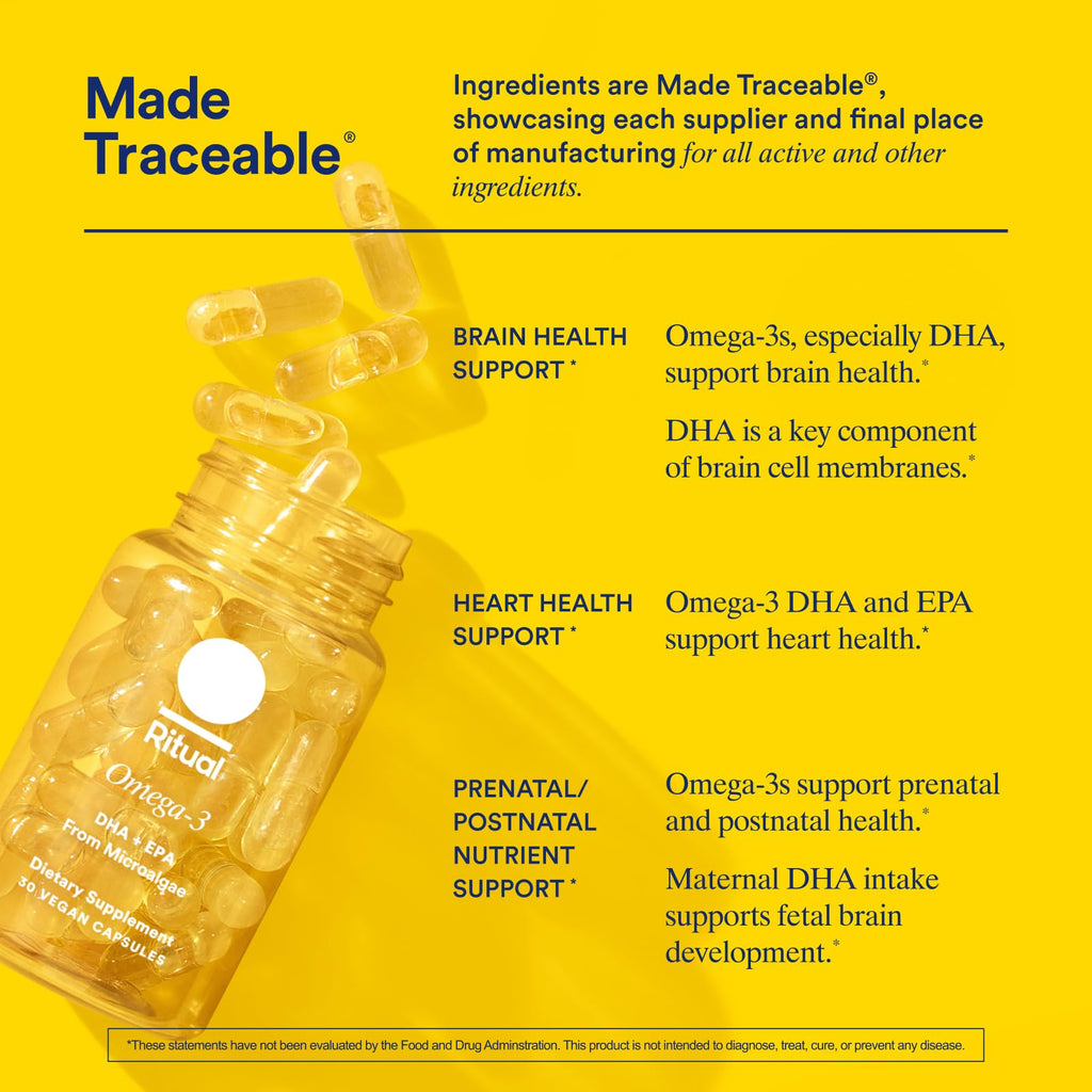 Ritual Vegan Omega 3 Supplement - Science-Backed Dose of DHA and EPA - Bioavailable Omega-3 from Algae Oil - Brain, Heart, and Eye Health Support