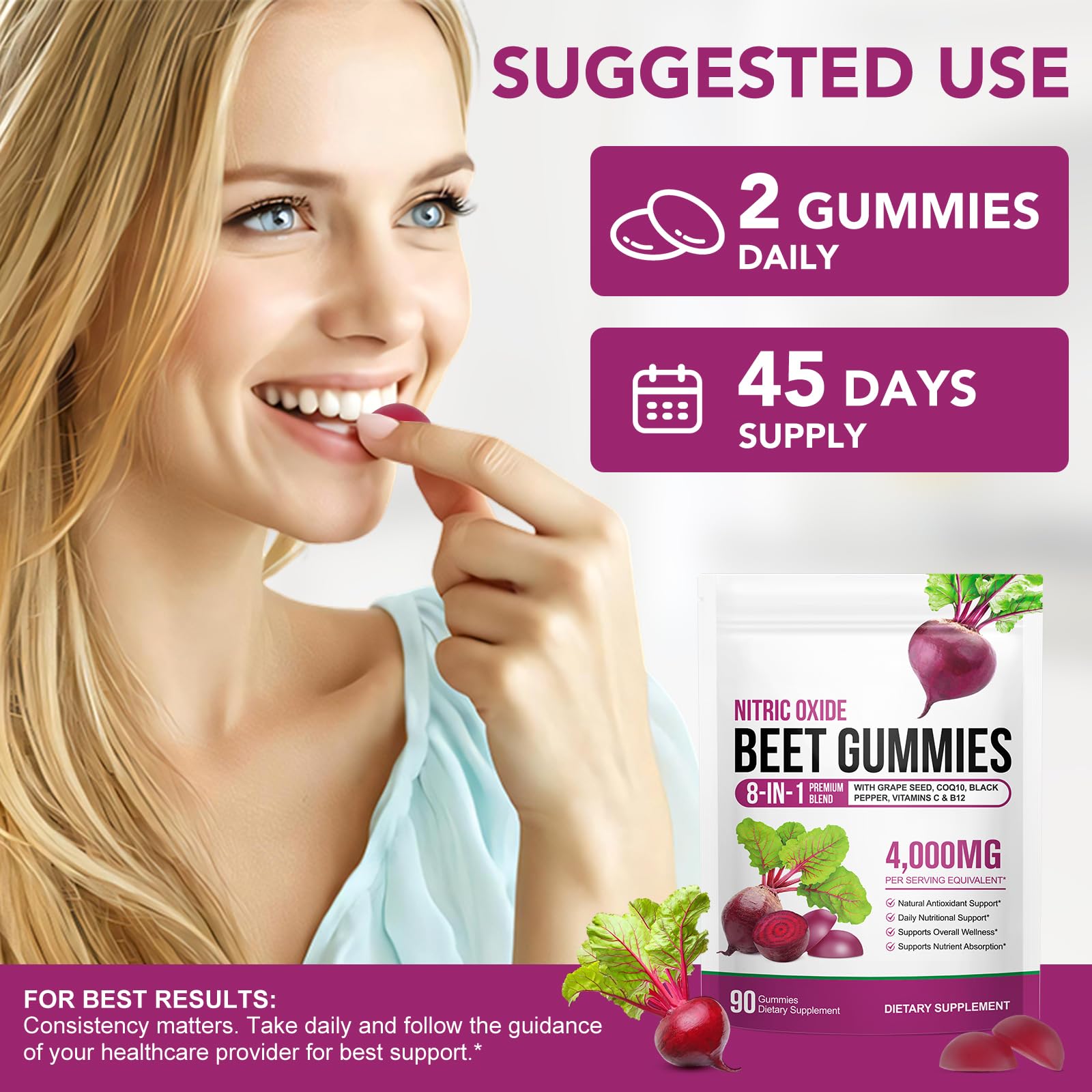 ECHTEYUN Super Beetroot Gummies, 8 in 1 Beet Root 4,000mg with Grape Seed Extract & CoQ10, Sugar Free - 90 Count (1)