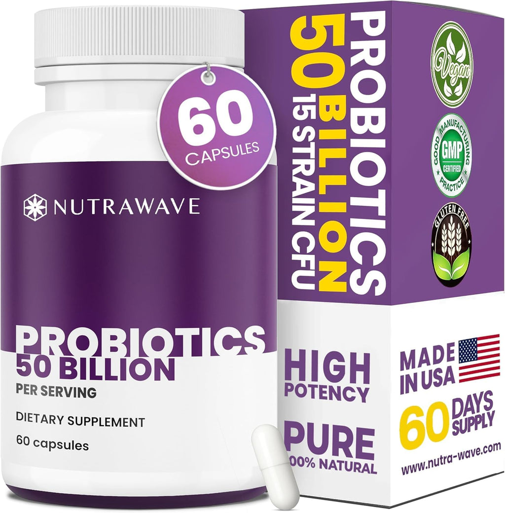 Nutrawave 50 Billion Probiotics for Women & Men, 15 Strains Active Culture. Relieves Bloating & Constipation, Improved Digestion & Gut Health Supplement, Vegan. 60 Powerful Small Capsules. Nutra Wave Au supplements