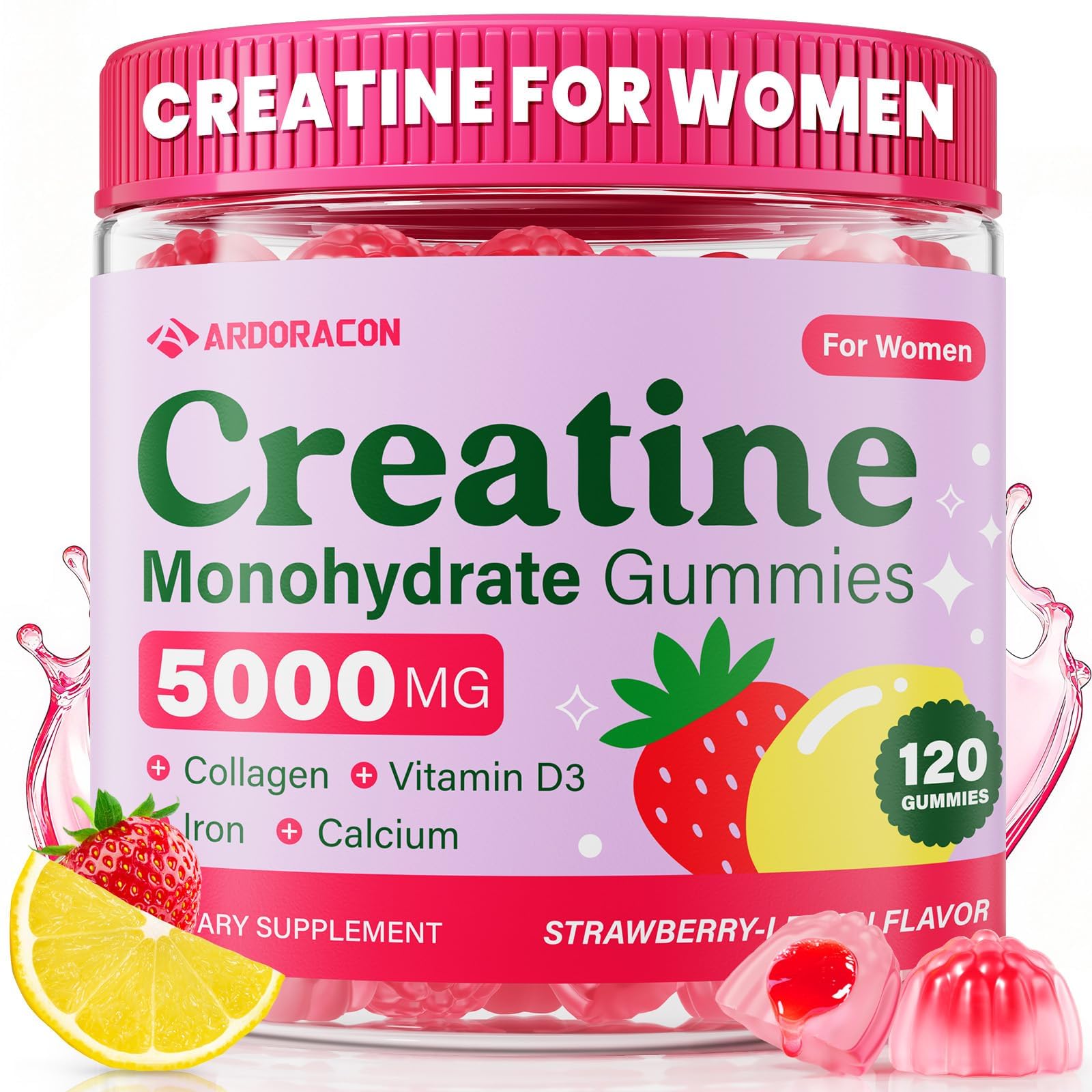 Creatine for Women, Creatine Monohydrate Gummies with Collagen, Vitamin D3 & Calcium for Muscles, Booty & Energy, Flavored Sugar Free Creatine Gummies Post