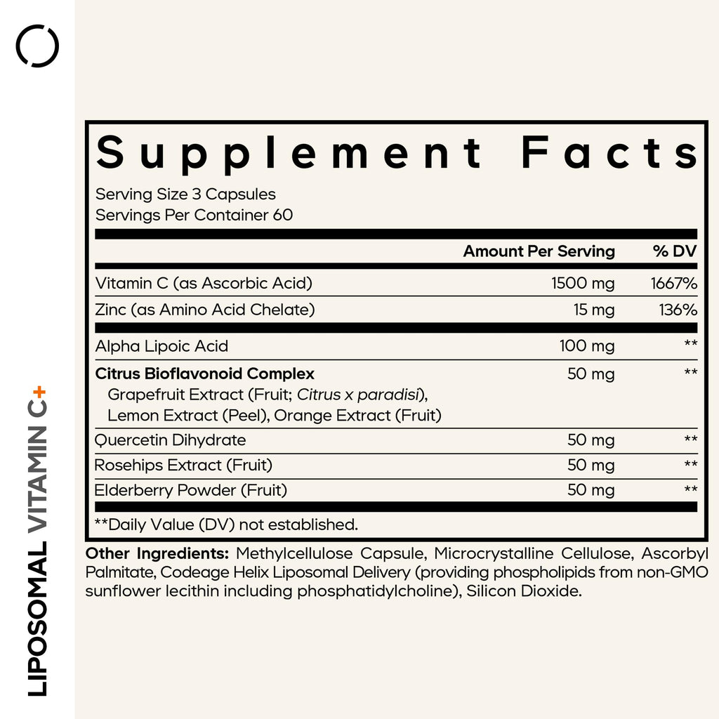Codeage Liposomal Vitamin C 1500mg with Zinc, Elderberry, Citrus Bioflavonoids Grapefruit, Lemon, Orange Powder, Quercetin & Rose Hips Fruit – Vegan Supplement - Non-GMO, Vegan Pills, 180 Capsules Codeage Au supplements