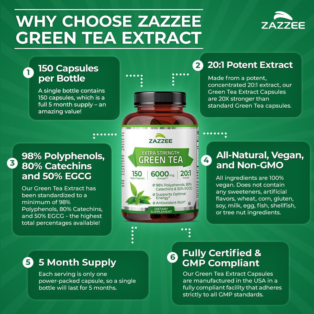 Zazzee Extra Strength Green Tea 20:1 Extract, 50% EGCG, 98% Polyphenols, 80% Catechins, 150 Vegan Capsules, 5 Month Supply, Certified Kosher