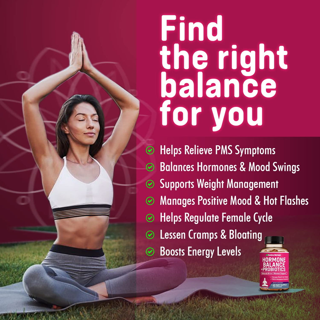 Hormone Balance + Probiotics for Women- Natural Menopause Relief, Weight Management, Bloating, Hot Flashes, PMS | Organic Maca, Chasteberry, Dong Quai & Black Cohosh | Non GMO |120 V Capsules Rainbow Nutrients, LLC Au supplements