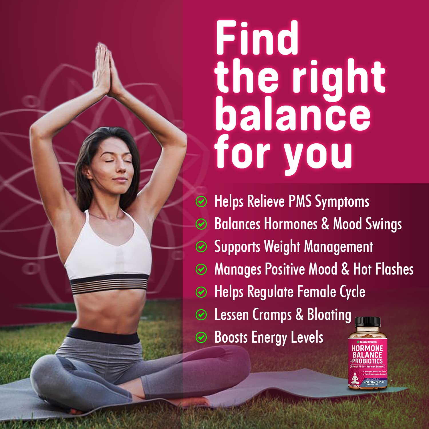 Hormone Balance + Probiotics for Women- Natural Menopause Relief, Weight Management, Bloating, Hot Flashes, PMS | Organic Maca, Chasteberry, Dong Quai & Black Cohosh | Non GMO |120 V Capsules Rainbow Nutrients, LLC Au supplements