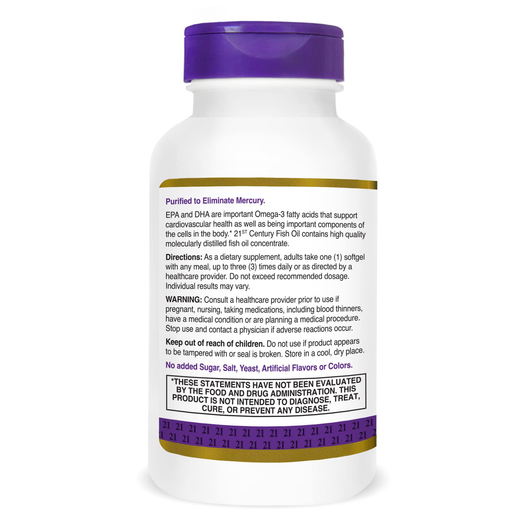 21st Century Fish Oil 1000 mg Softgels, (300 Count), Molecularly Distilled, Omega 3 Supplement with EPA & DHA, Purified to Eliminate Mercury, Supports Cardiovascular Health, Gluten Free & Non-GMO