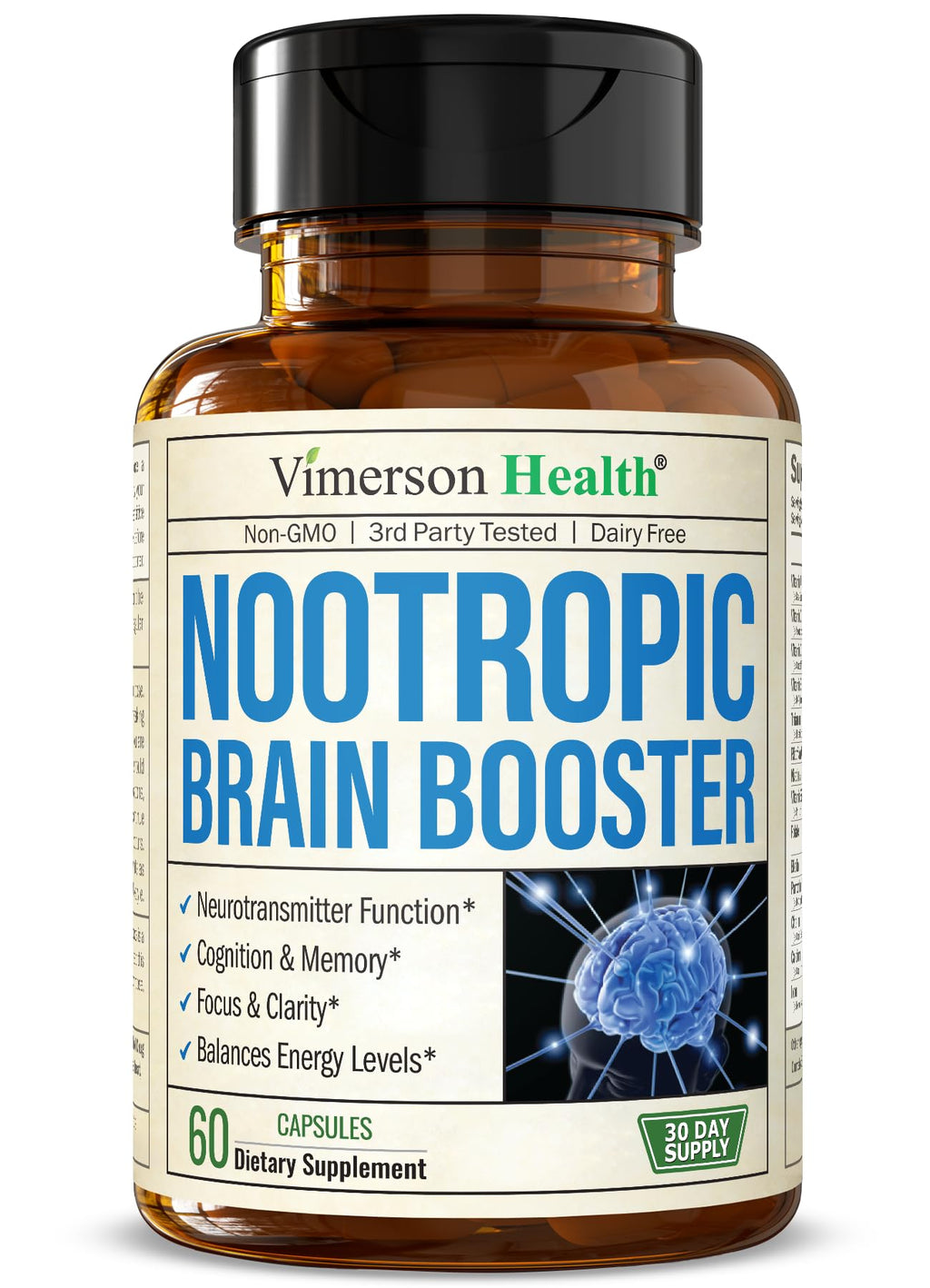 Nootropics Brain Support Supplement - Nootropic Brain Booster for Improved Focus, Concentration & Memory. Brain Nootropic for Brain Health, Mood & Energy Support. Non-GMO. Made in the USA. 60 Capsules Vimerson Health Au supplements