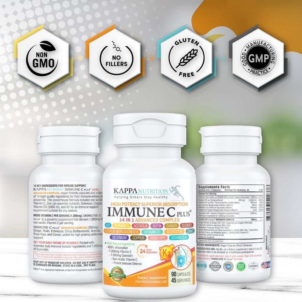 Quercetin 1,000mg, Vitamin C 1,000mg, Zinc 50mg, Vitamin D3 5,000iu, Selenium, Copper, Acerola, Ginger, Rutin, Bitter Orange, Rose Hips, Echinacea, Immune C Plus, 14 in 1 Immune C Plus (60 Count) KAPPA NUTRITION Au supplements