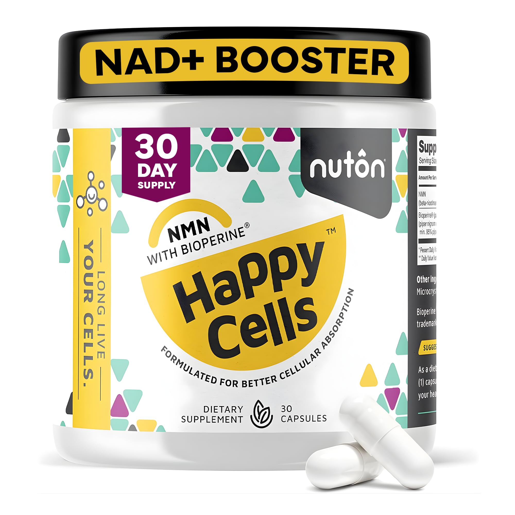 Nuton Happy Cells - NMN Supplement with Bioperine for Healthy Aging & Cellular Repair - NAD+ Supplement - Protects DNA, Promotes Skin Health & Brain Function
