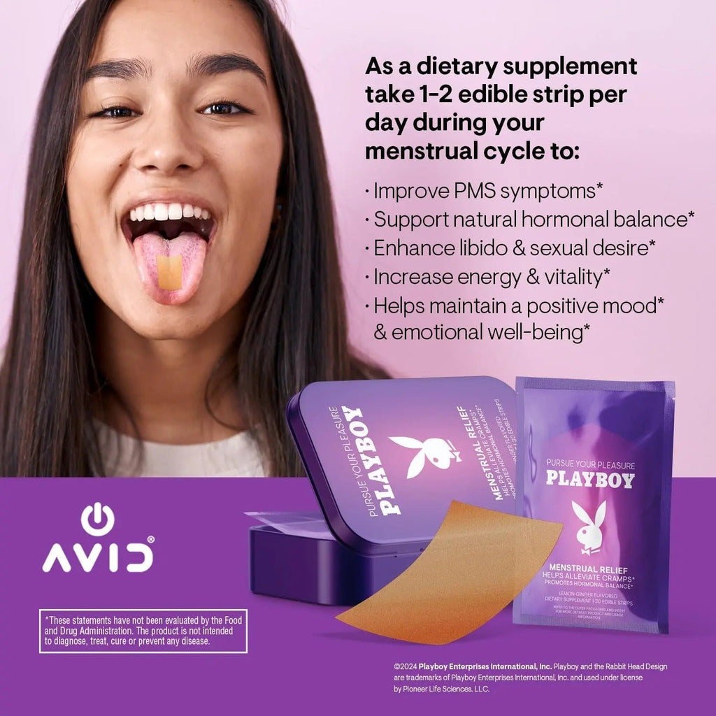 AVID Playboy - Menstrual Relief PMS Oral Strips (30 Edible Strips) Fast Dissolving PMS Cramp Relief & Hormonal Balance Strips for Women - Lemon Ginger Flavored Multi-Benefit PMS Supplement for Women Avid Au supplements