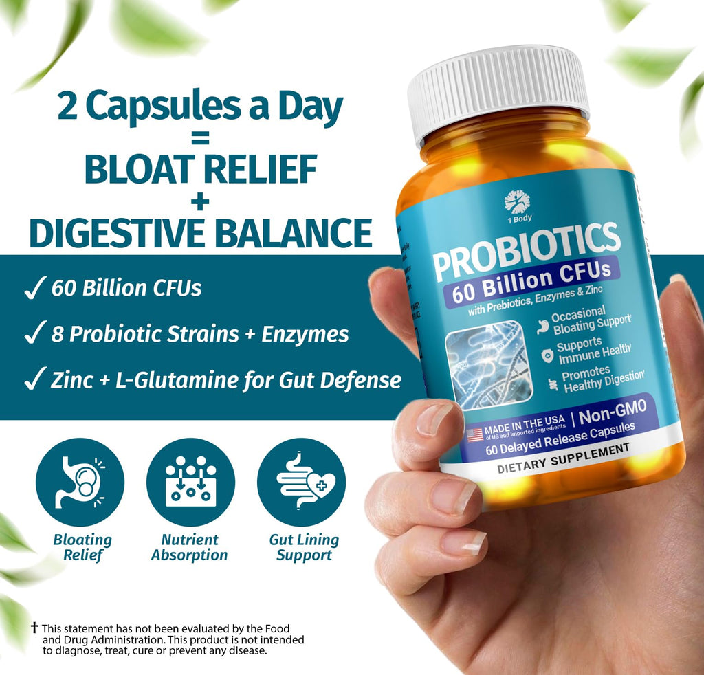 1 Body Probiotic 60 Billion for Men & Women, Gut Health Support with Prebiotics, Digestive Enzymes, Zinc & L-Glutamine, Non-GMO, 60 Vegan Capsules