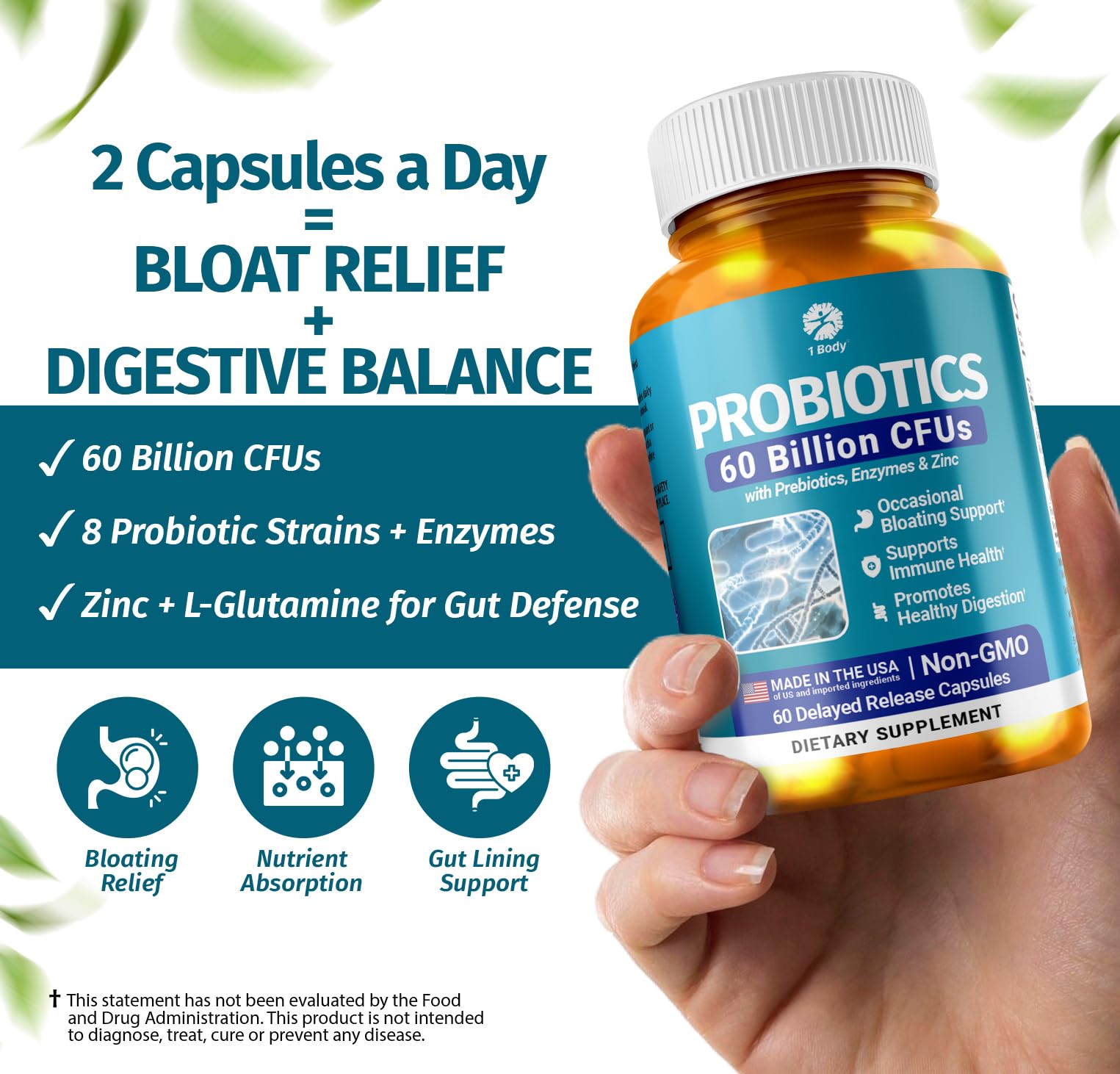 1 Body Probiotic 60 Billion for Men & Women, Gut Health Support with Prebiotics, Digestive Enzymes, Zinc & L-Glutamine, Non-GMO, 60 Vegan Capsules