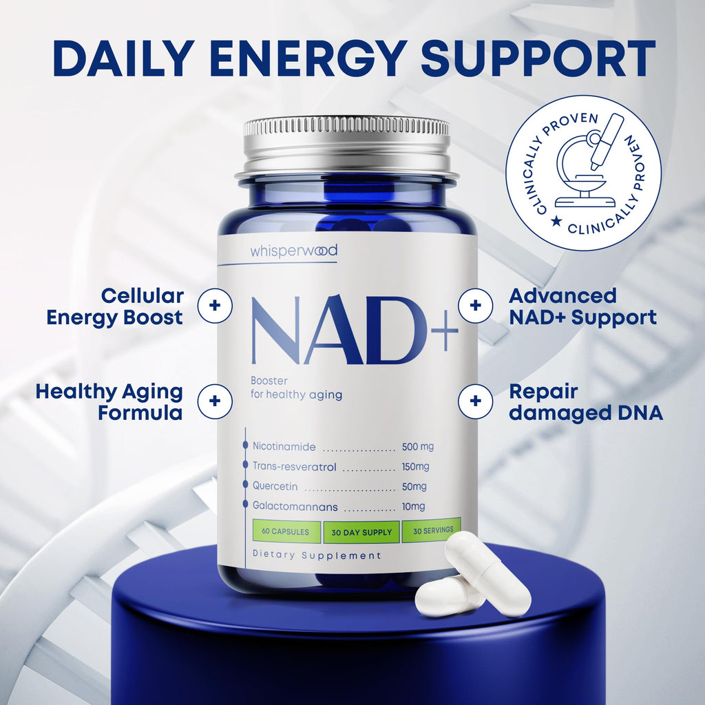 NAD+ Supplement with Nicotinamide Riboside, Trans Resveratrol & Quercetin – NAD Plus Complex for Energy, Brain & Mitochondrial Support – Antioxidant and Longevity Formula for Women & Men – 60 capsules WHISPERWOOD Au supplements