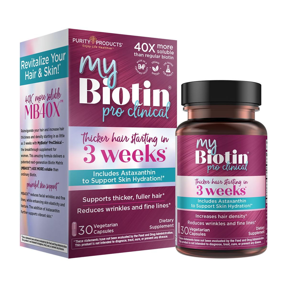 Purity Products MyBiotin ProClinical – Thicker Hair Starting in 3 Weeks & Fights Wrinkles - MB40X Patented Biotin Vitamin B7 Matrix w/Astaxanthin