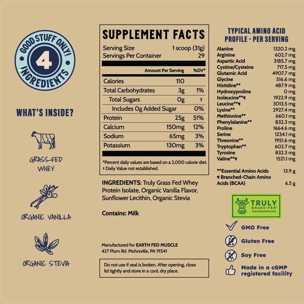 Earth Fed Muscle Whey Back Irish Grass Fed Whey Protein Isolate, Third-Party Certified. 25g Protein, Vanilla - Non-GMO, Hormone Free, Soy Free, Gluten Free - 2 LB, 29 Servings
